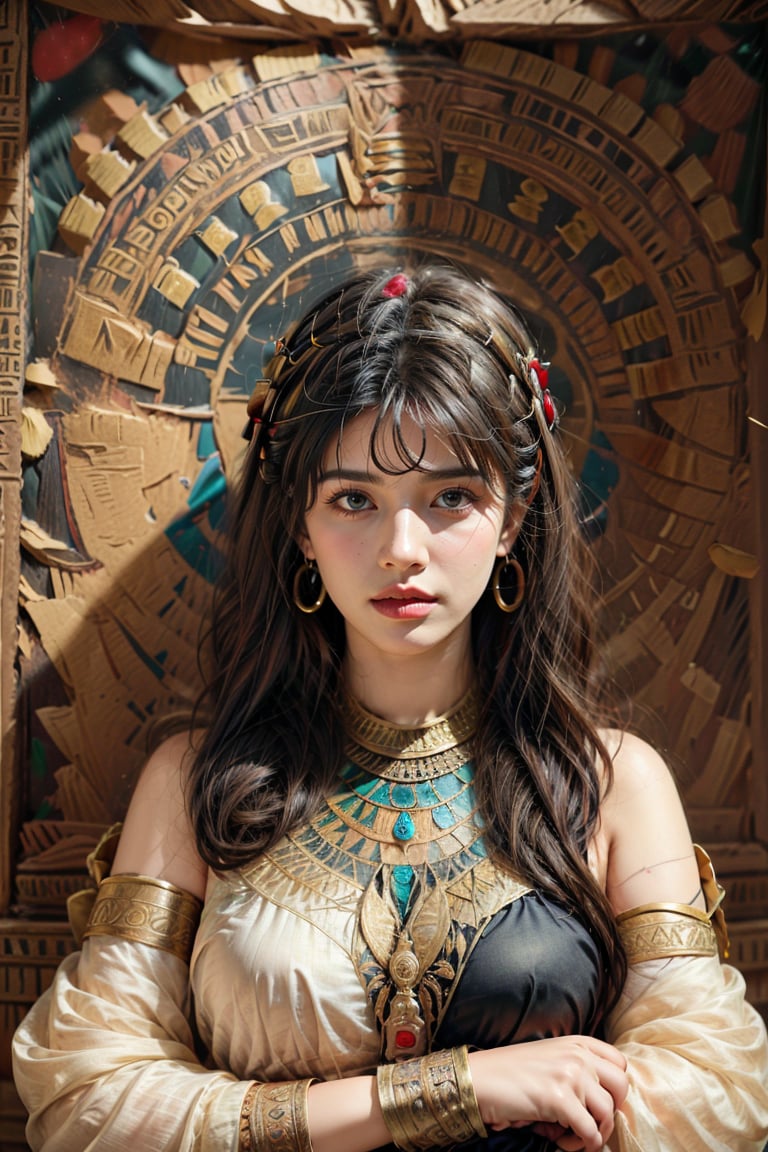 Best quality, Masterpiece, Ultra High Resolution, (Fidelity:1.2), (Realistic:1.3), 1woman, mature Egyptian woman, green eyes, black hair flaps, portrait, solo, upper body, looking at viewer, detailed background, detailed face, ancient Egyptian theme, modern Egyptian clothing, obsidian, defensive stance, stone knife, bushes, poisonous plants, rocks,  humid climate, darkness, cinematic atmosphere,
dark chamber, dim light (zentangle, mandala, tangle, entangle), (golden and green tone:0.5)
(35mmstyle:1.1), front, masterpiece, 2020s film, cinematic lighting, photo-realistic, high frequency details, 35mm film, (film grain), film noise,Shiny_skin,egyptian style