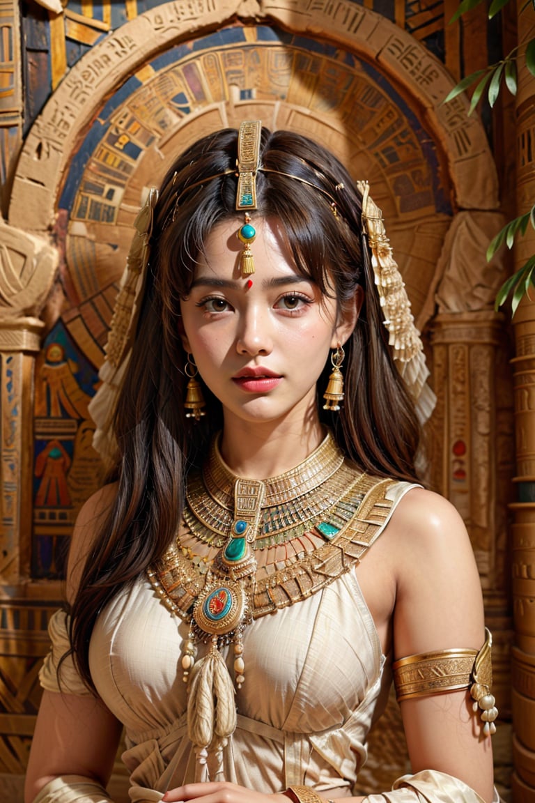 Best quality, Masterpiece, Ultra High Resolution, (Fidelity:1.2), (Realistic:1.3), 1woman, mature Egyptian woman, green eyes, black hair flaps, portrait, solo, upper body, looking at viewer, detailed background, detailed face, ancient Egyptian theme, modern Egyptian clothing, obsidian, defensive stance, stone knife, bushes, poisonous plants, rocks,  humid climate, darkness, cinematic atmosphere,
dark chamber, dim light (zentangle, mandala, tangle, entangle), (golden and green tone:0.5)
(35mmstyle:1.1), front, masterpiece, 2020s film, cinematic lighting, photo-realistic, high frequency details, 35mm film, (film grain), film noise,Shiny_skin,egyptian style