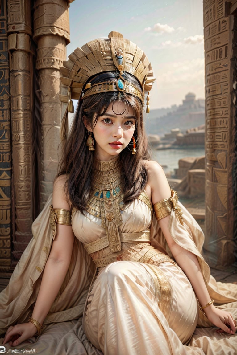 Transport yourself to the golden era of ancient Egypt and bring to life the captivating figure of Cleopatra, an anime character who reigns as a beautiful and powerful queen. In this imaginative illustration, portray Cleopatra as a resplendent white queen of Greek descent, with striking blue eyes that reflect her intelligence, allure, and regal authority. Begin by envisioning Cleopatra adorned in resplendent pharaonic royal attire, blending the opulence of ancient Egypt with a touch of Greek elegance. Imagine her wearing a flowing, ethereal white gown adorned with intricate golden embellishments, symbolizing her sovereignty and grace. Consider incorporating elements of traditional Egyptian fashion, such as a headdress or a jeweled collar, to further accentuate her royal status. To capture Cleopatra's undeniable beauty, emphasize her facial features. Depict her with smooth, flawless skin that glows with a hint of golden radiance. Pay attention to her expressive blue eyes, which convey her intellect, depth, and unwavering determination. Let her gaze exude a sense of authority and confidence, while also hinting at the mysteries concealed within her captivating persona. Craft a captivating backdrop that immerses viewers in the rich world of ancient Egypt. Consider placing Cleopatra in a lavishly decorated palace chamber, adorned with grand pillars, ornate hieroglyphics, and shimmering golden accents. Alternatively, you can set her against the backdrop of the mighty Nile River, with the setting sun casting a warm, enchanting glow. While capturing the essence of Cleopatra's regality, don't forget to incorporate elements that reflect her Greek heritage. You can depict subtle influences, such as the integration of Greek motifs in her attire or accessories, symbolizing the cross-cultural blend that characterized her reign. This illustration aims to pay homage to the majestic legacy of Cleopatra, highlighting her beauty, intellect, and the remarkable era she presided over. Allow viewers to glimpse the power and allure of this enigmatic queen who, despite the passage of time, continues to captivate hearts and minds. Through your artistic vision, transport us to the ancient world, where Cleopatra's presence reigns supreme. Bring forth her captivating beauty, her charismatic aura, and the enduring mystique that surrounds her name. Imbue the image with the grandeur and elegance befitting the legendary Egyptian queen Cleopatra, and let her story unfold through your artistry.