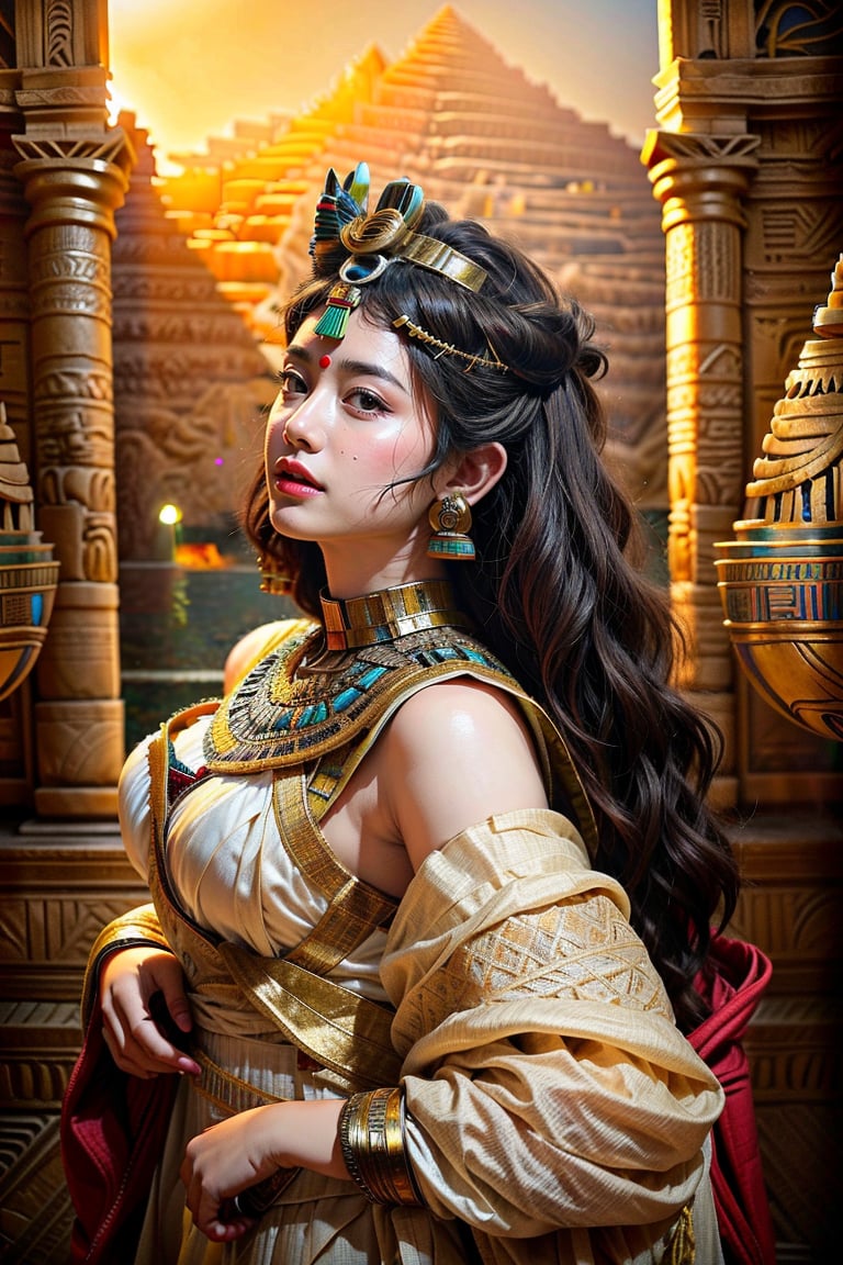 Transport yourself to the golden era of ancient Egypt and bring to life the captivating figure of Cleopatra, an anime character who reigns as a beautiful and powerful queen. In this imaginative illustration, portray Cleopatra as a resplendent white queen of Greek descent, with striking blue eyes that reflect her intelligence, allure, and regal authority. Begin by envisioning Cleopatra adorned in resplendent pharaonic royal attire, blending the opulence of ancient Egypt with a touch of Greek elegance. Imagine her wearing a flowing, ethereal white gown adorned with intricate golden embellishments, symbolizing her sovereignty and grace. Consider incorporating elements of traditional Egyptian fashion, such as a headdress or a jeweled collar, to further accentuate her royal status. To capture Cleopatra's undeniable beauty, emphasize her facial features. Depict her with smooth, flawless skin that glows with a hint of golden radiance. Pay attention to her expressive blue eyes, which convey her intellect, depth, and unwavering determination. Let her gaze exude a sense of authority and confidence, while also hinting at the mysteries concealed within her captivating persona. Craft a captivating backdrop that immerses viewers in the rich world of ancient Egypt. Consider placing Cleopatra in a lavishly decorated palace chamber, adorned with grand pillars, ornate hieroglyphics, and shimmering golden accents. Alternatively, you can set her against the backdrop of the mighty Nile River, with the setting sun casting a warm, enchanting glow. While capturing the essence of Cleopatra's regality, don't forget to incorporate elements that reflect her Greek heritage. You can depict subtle influences, such as the integration of Greek motifs in her attire or accessories, symbolizing the cross-cultural blend that characterized her reign. This illustration aims to pay homage to the majestic legacy of Cleopatra, highlighting her beauty, intellect, and the remarkable era she presided over. Allow viewers to glimpse the power and allure of this enigmatic queen who, despite the passage of time, continues to captivate hearts and minds. Through your artistic vision, transport us to the ancient world, where Cleopatra's presence reigns supreme. Bring forth her captivating beauty, her charismatic aura, and the enduring mystique that surrounds her name. Imbue the image with the grandeur and elegance befitting the legendary Egyptian queen Cleopatra, and let her story unfold through your artistry.