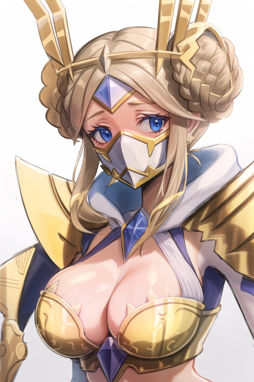 (masterpiece), high quality, junomon, 1girl, solo, breasts, looking at viewer, blue eyes, large breasts, simple background, blonde hair, white background, cleavage, upper body, hair bun, armor, double bun, mask, shoulder armor, mouth mask, digimon \(creature\)