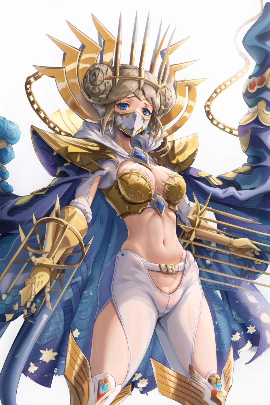 (masterpiece), high quality, junomon, 1girl, solo, breasts, looking at viewer, short hair, blue eyes, blonde hair, simple background, white background, navel, horns, midriff, hair bun, cape, armor, double bun, mask, chain, white pants, mouth mask, blue cape, gold armor, digimon \(creature\)