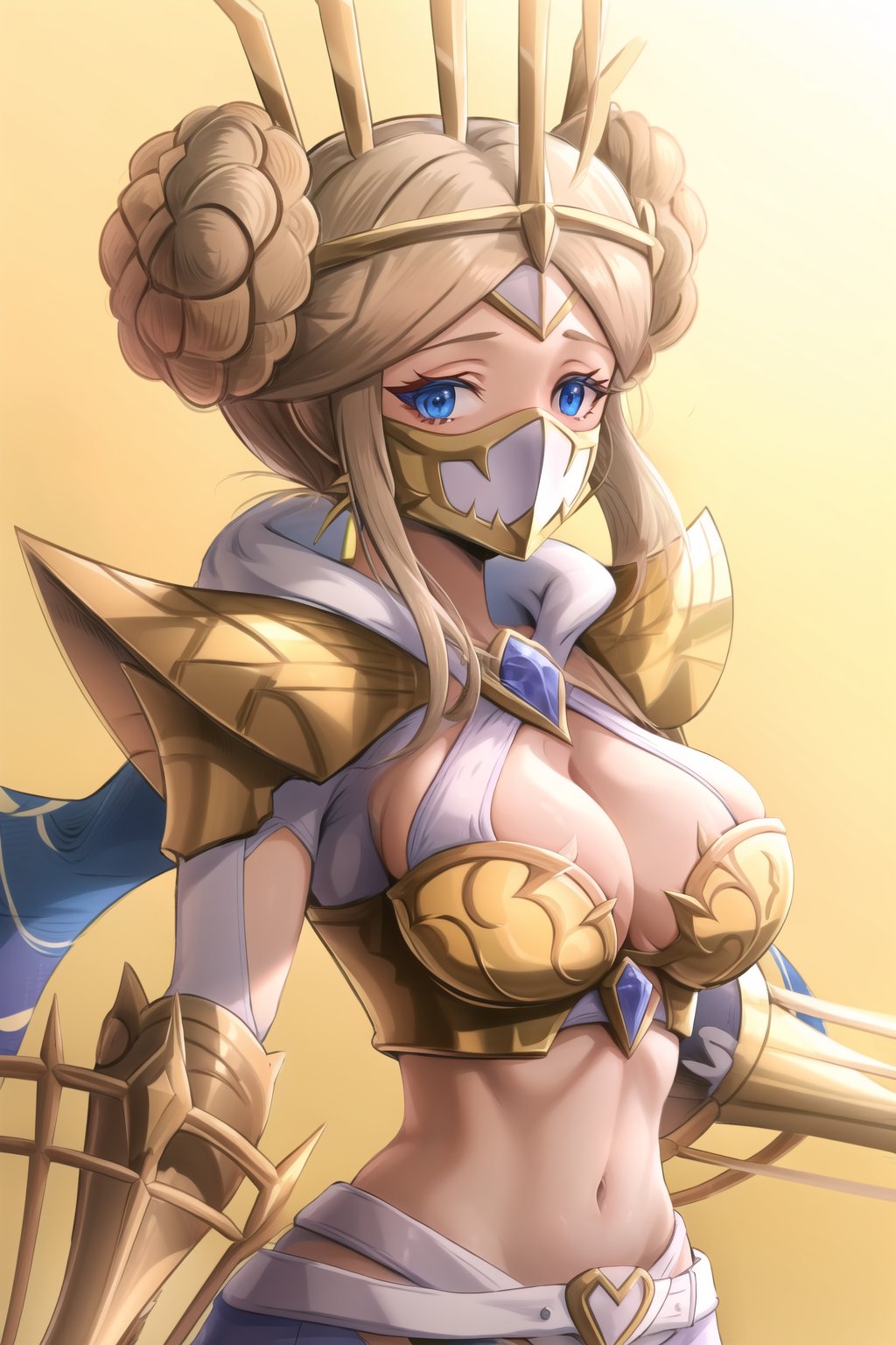 (masterpiece), high quality, junomon, 1girl, solo, breasts, looking at viewer, blue eyes, large breasts, golden background, blonde hair, shiny background, cleavage, upper body, hair bun, armor, double bun, mask, shoulder armor, mouth mask, digimon \(creature\)