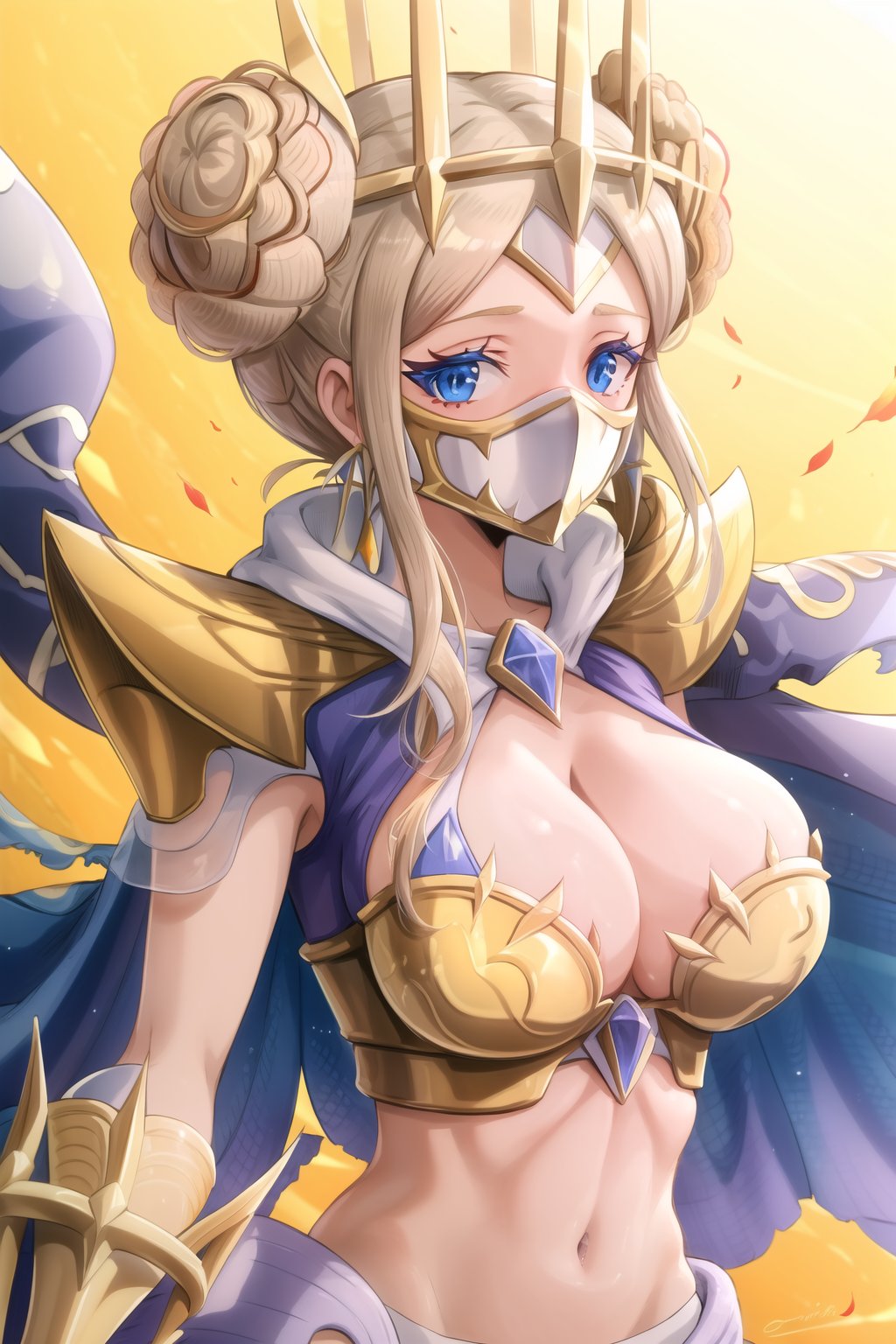 (masterpiece), high quality, junomon, 1girl, solo, breasts, looking at viewer, blue eyes, large breasts, golden background, blonde hair, shiny background, cleavage, upper body, hair bun, armor, double bun, mask, shoulder armor, mouth mask, digimon \(creature\)