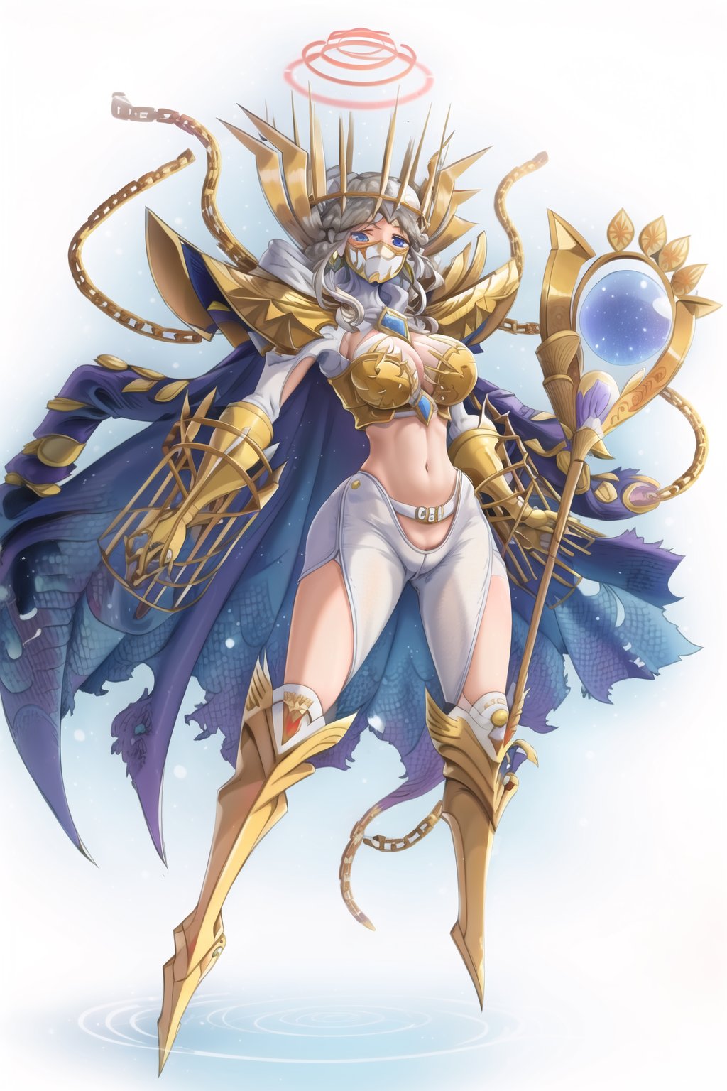 (masterpiece), high quality, junomon, 1girl, solo, breasts, looking at viewer, blue eyes, large breasts, simple background, white background, navel, holding, cleavage, grey hair, midriff, cape, armor, mask, chain, halo, staff, shoulder armor, gauntlets, gold armor, digimon \(creature\)