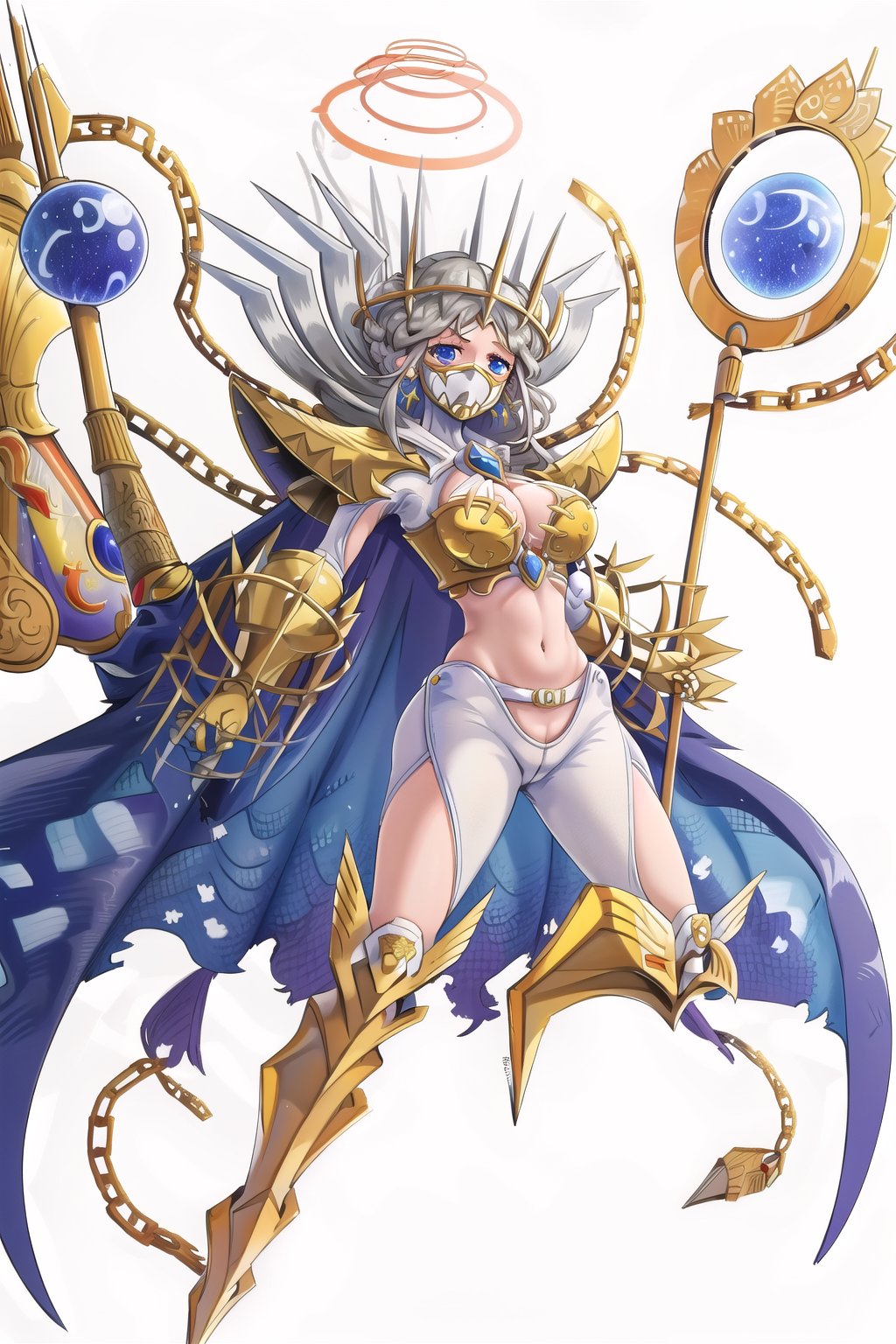 (masterpiece), high quality, junomon, 1girl, solo, breasts, looking at viewer, blue eyes, large breasts, simple background, white background, navel, holding, cleavage, grey hair, midriff, cape, armor, mask, chain, halo, staff, shoulder armor, gauntlets, gold armor, digimon \(creature\)