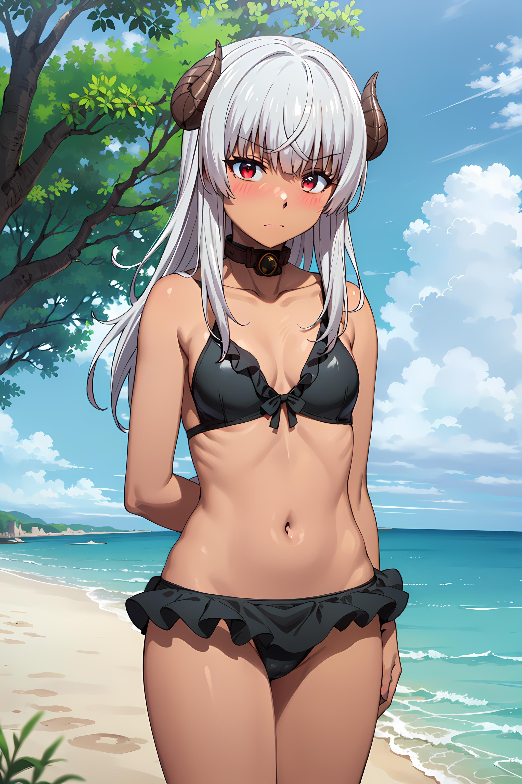 best quality, masterpiece, detailed,<lora:ChiyuMahouNoMachigattaTsukaikata_Felm:0.9>, Felm,1girl, closed mouth, blush,dark skin, grey hair, long hair, red eyes, curled horns,black bikini, (frills:1.2), collarbone, (flat chest:1.2), collar,looking at viewer, (horizon:1.2),beach, water, palm, sand, cloud