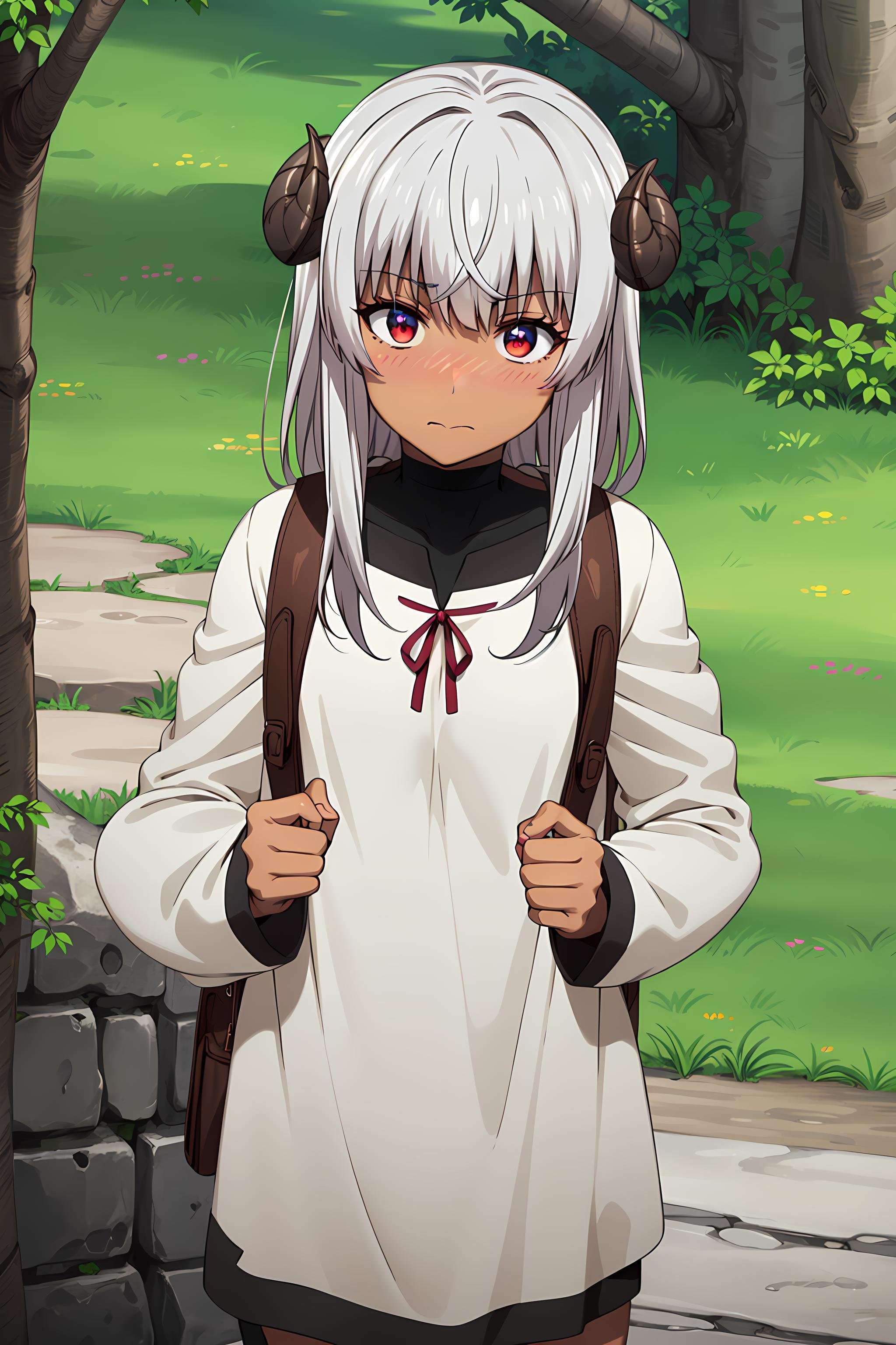 best quality, masterpiece, detailed,<lora:ChiyuMahouNoMachigattaTsukaikata_Felm:0.9>, Felm,1girl, closed mouth, blush,dark skin, grey hair, long hair, red eyes, curled horns,shirt, ribbon, long sleeves, black socks, bagpack,looking at viewer,outdoors, castle, fantasy, tree