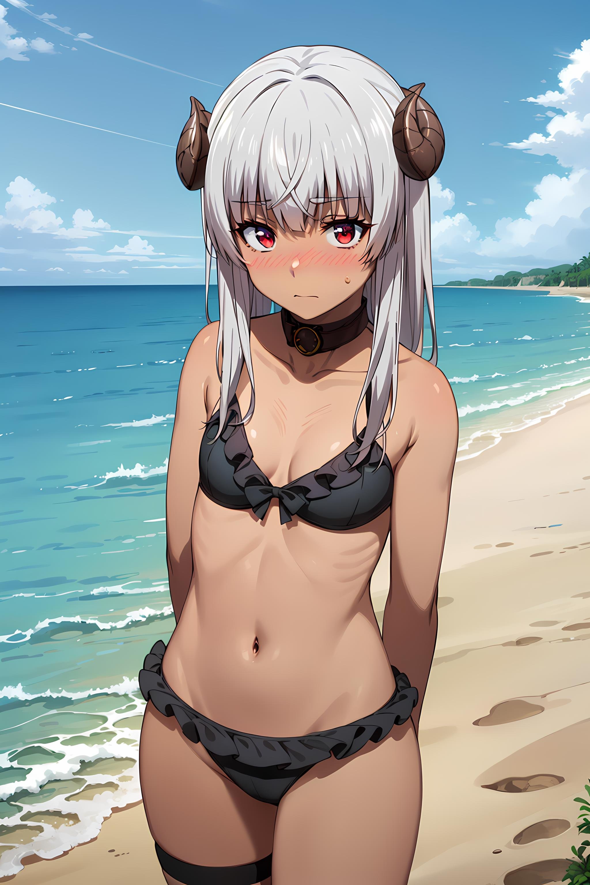 best quality, masterpiece, detailed,<lora:ChiyuMahouNoMachigattaTsukaikata_Felm:0.9>, Felm,1girl, closed mouth, blush,dark skin, grey hair, long hair, red eyes, curled horns,black bikini, (frills:1.2), collarbone, (flat chest:1.2), collar,looking at viewer, (horizon:1.2),beach, water, palm, sand, cloud