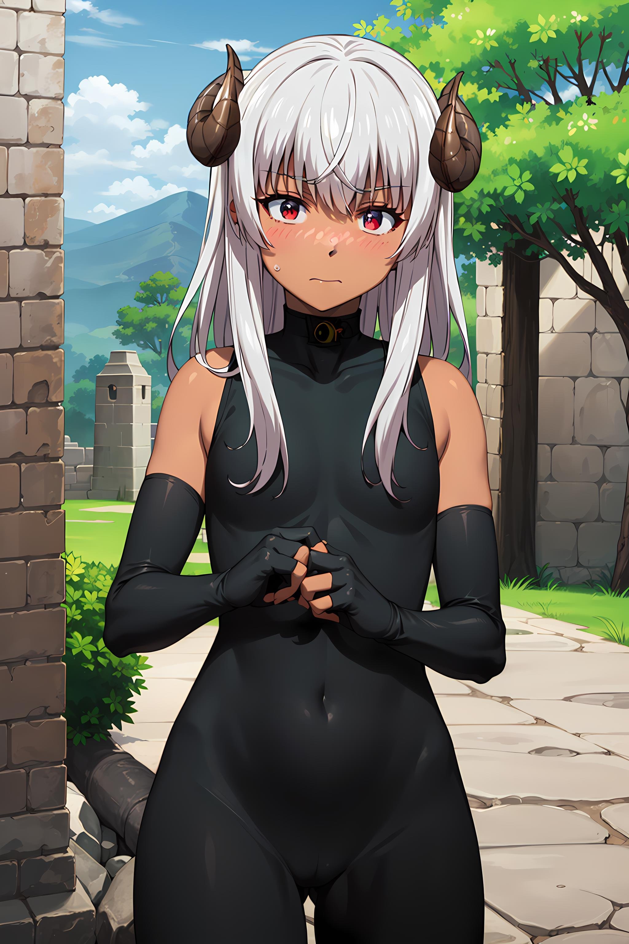 best quality, masterpiece, detailed,<lora:ChiyuMahouNoMachigattaTsukaikata_Felm:0.9>, Felm,1girl, closed mouth, blush,dark skin, grey hair, long hair, red eyes, curled horns,flat chest, bodysuit, sleeveless, elbow gloves,looking at viewer,outdoors, castle, fantasy, tree