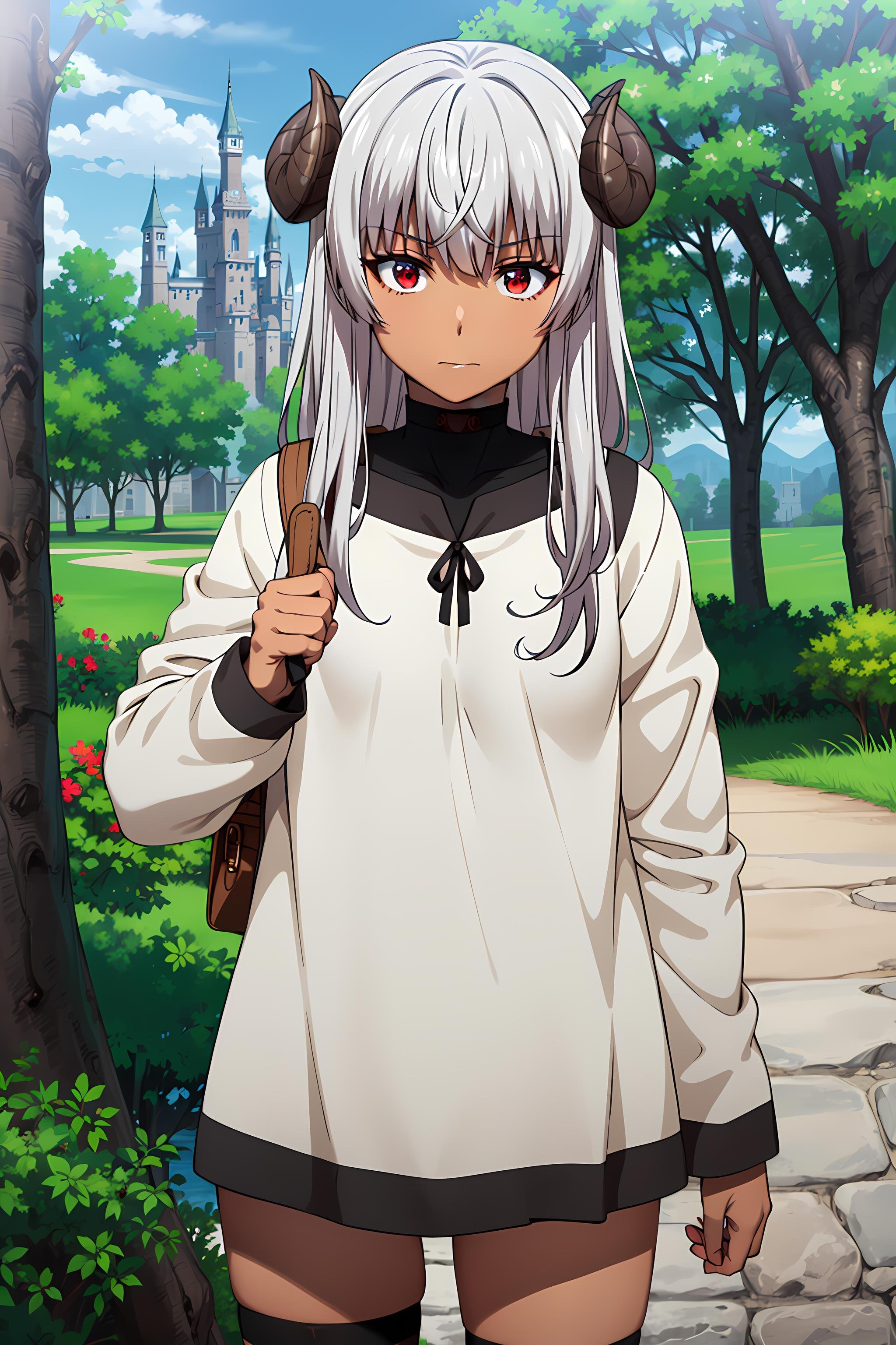 best quality, masterpiece, detailed,<lora:ChiyuMahouNoMachigattaTsukaikata_Felm:0.9>, Felm,1girl, closed mouth,dark skin, grey hair, long hair, red eyes, curled horns,shirt, ribbon, long sleeves, (black socks:1.2), bagpack,looking at viewer,outdoors, castle, fantasy, tree