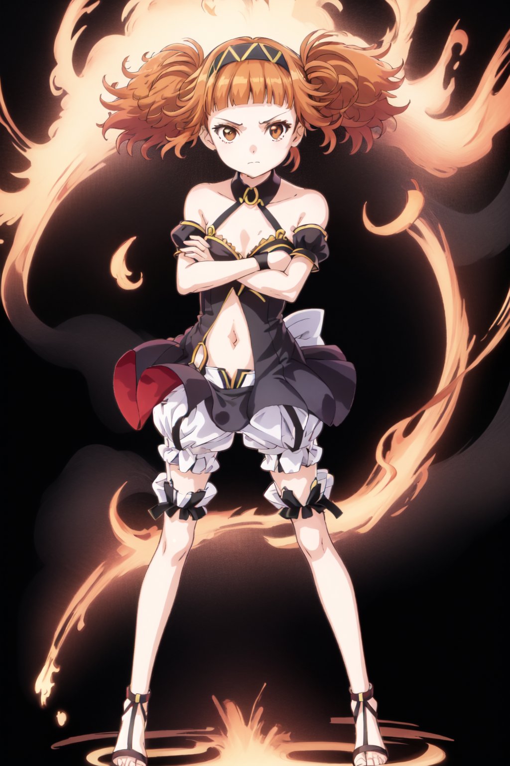 Hlokk, 1girl, solo, breasts, looking at viewer, full body, standing, bangs, dress, navel, bare shoulders, twintails, brown eyes, closed mouth, underwear, hairband, small breasts, detached sleeves, blunt bangs, orange hair, black dress, crossed arms, bloomers

