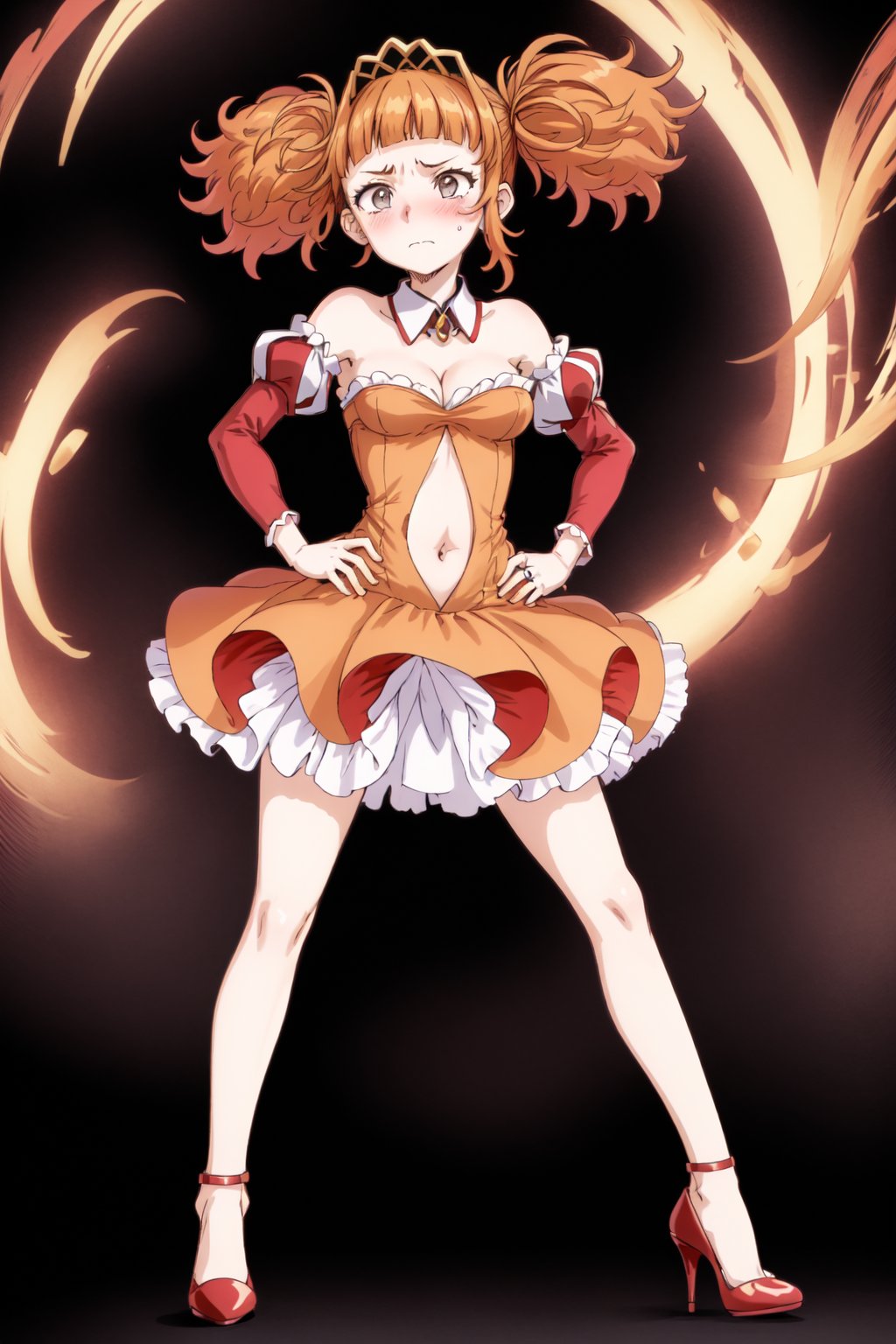 1girl, solo, breasts, full body, bangs, skirt, dress, navel, cleavage, bare shoulders, twintails, jewelry, medium breasts, closed mouth, standing, full body, detached sleeves, puffy sleeves, blunt bangs, orange hair, high heels, grey eyes, detached collar, scared and blushing face, hands on the hips, red footwear, Hlokk