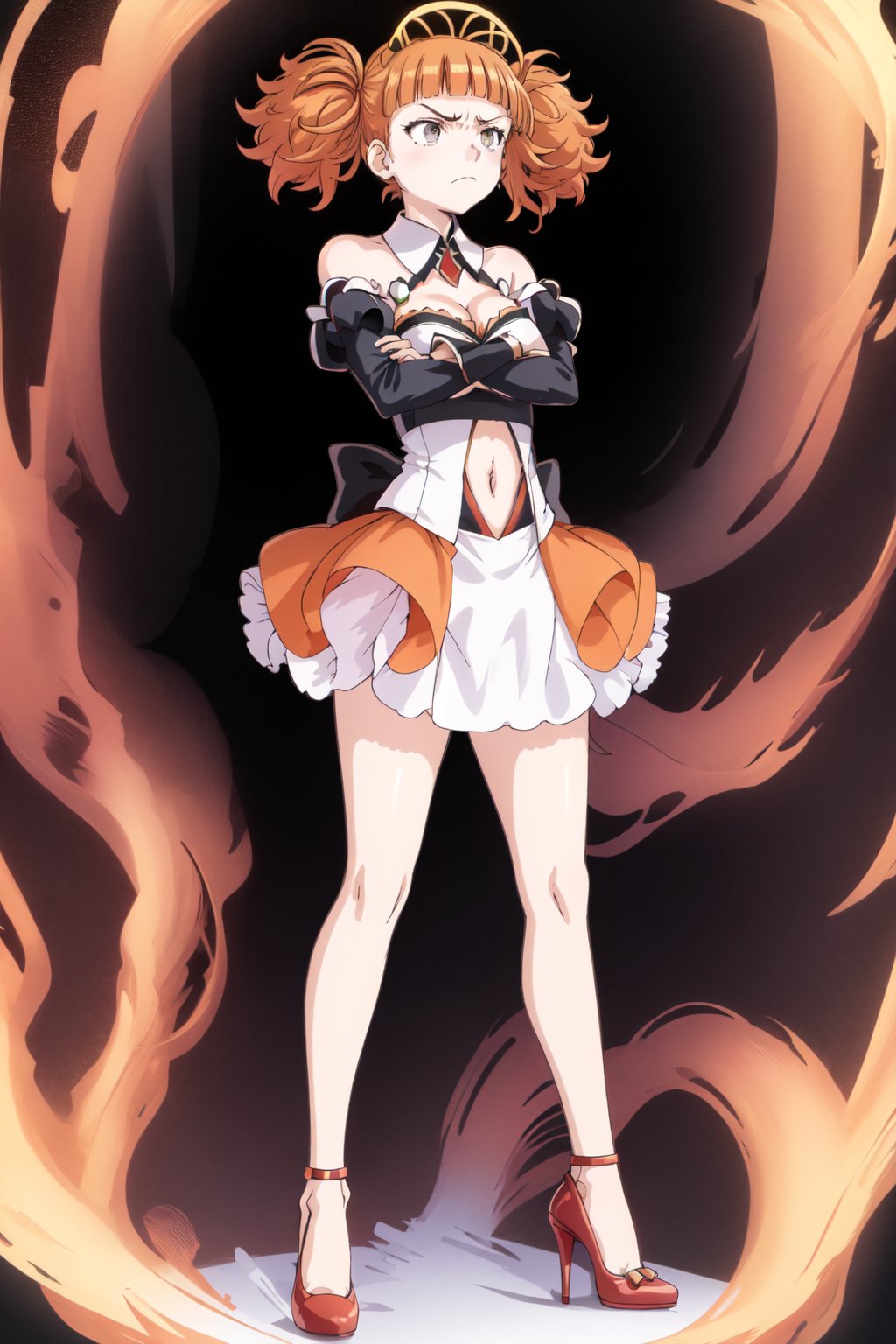 1girl, solo, breasts, full body, bangs, skirt, dress, navel, cleavage, bare shoulders, twintails, jewelry, medium breasts, closed mouth, standing, full body, detached sleeves, puffy sleeves, blunt bangs, orange hair, high heels, grey eyes, detached collar, frown, crossed arms, red footwear


