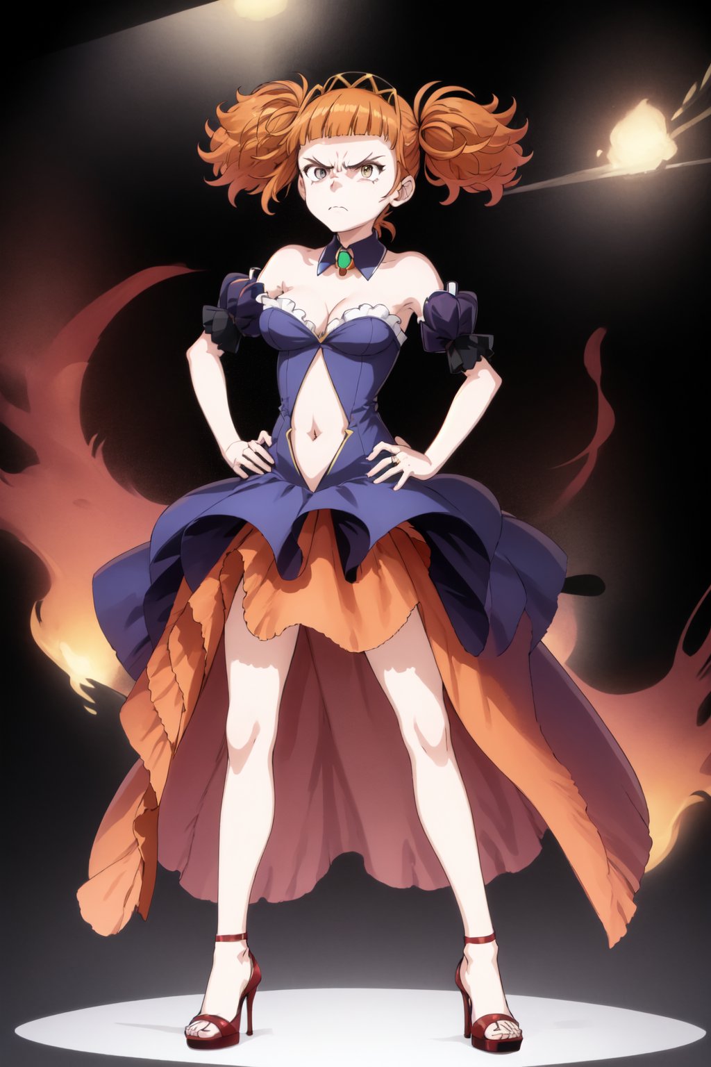 1girl, solo, breasts, full body, bangs, skirt, dress, navel, cleavage, bare shoulders, twintails, jewelry, medium breasts, closed mouth, standing, full body, detached sleeves, puffy sleeves, blunt bangs, orange hair, high heels, grey eyes, detached collar, angry and indignant face, hands on the hips, red footwear, Hlokk