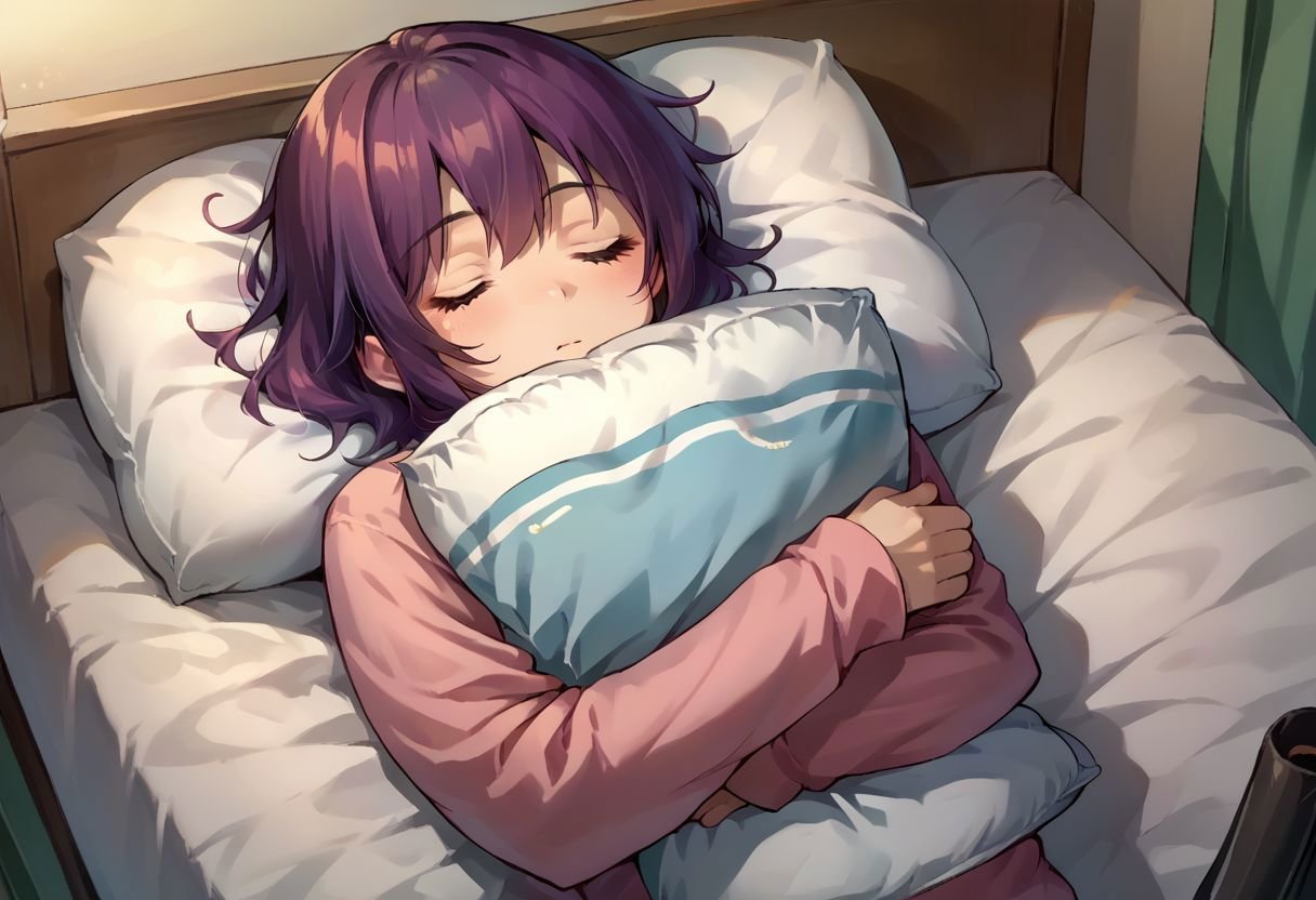 score_9, score_8_up, score_7_up, source_anime, scared to sleep alone, pillow hug, sleeping