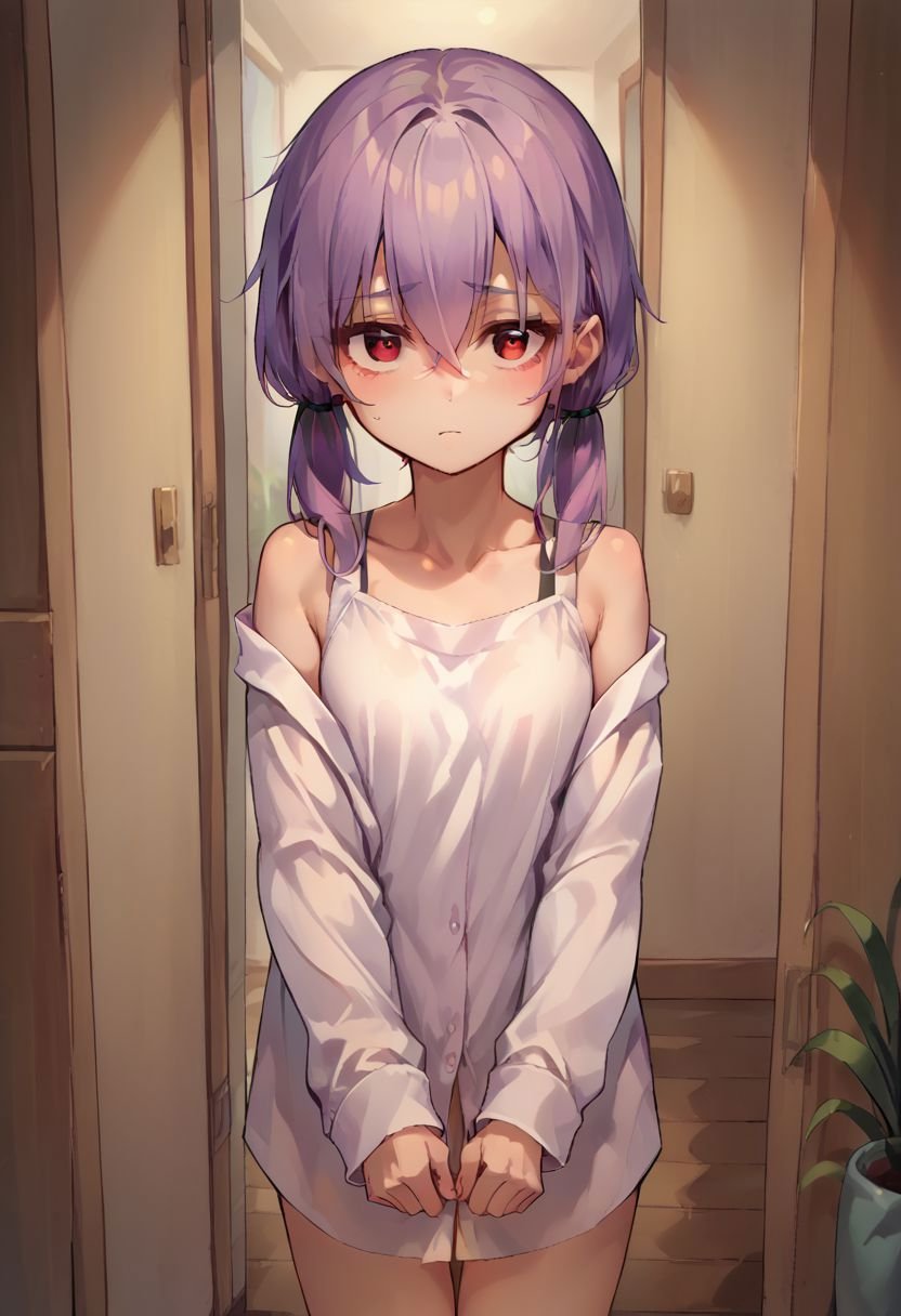 score_9, score_8_up, score_7_up, source_anime, scared to sleep alone, 1girl, solo,long sleeves, collarbone, short hair, red eyes, hair between eyes, twintails, purple hair, bare shoulders, white shirt, indoors