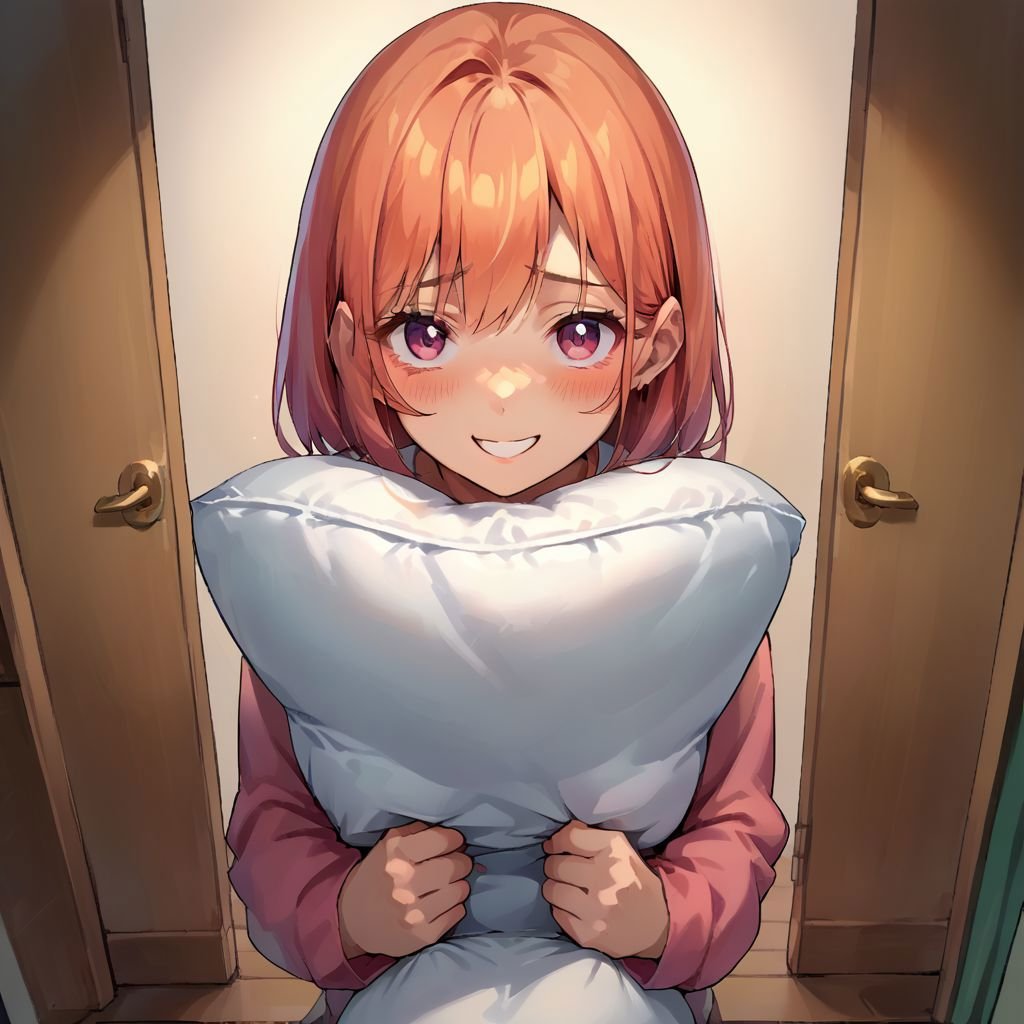 score_9, score_8_up, score_7_up, source_anime, scared to sleep alone, pillow hug, POV, looking at viewer, blush, smile, 