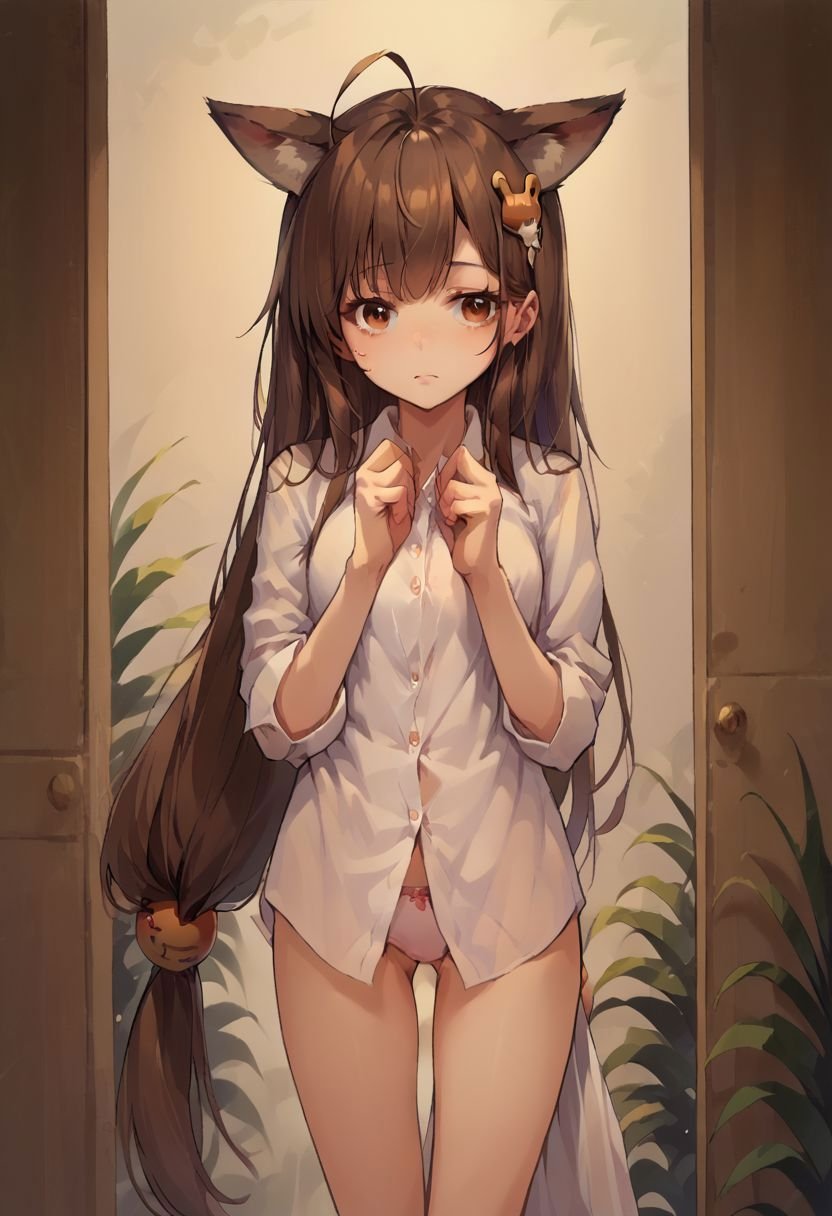 score_9, score_8_up, score_7_up, source_anime, scared to sleep alone, ahoge, dress shirt, brown hair, very long hair, animal ears, cowboy shot, standing, brown eyes, hair ornament, underwear