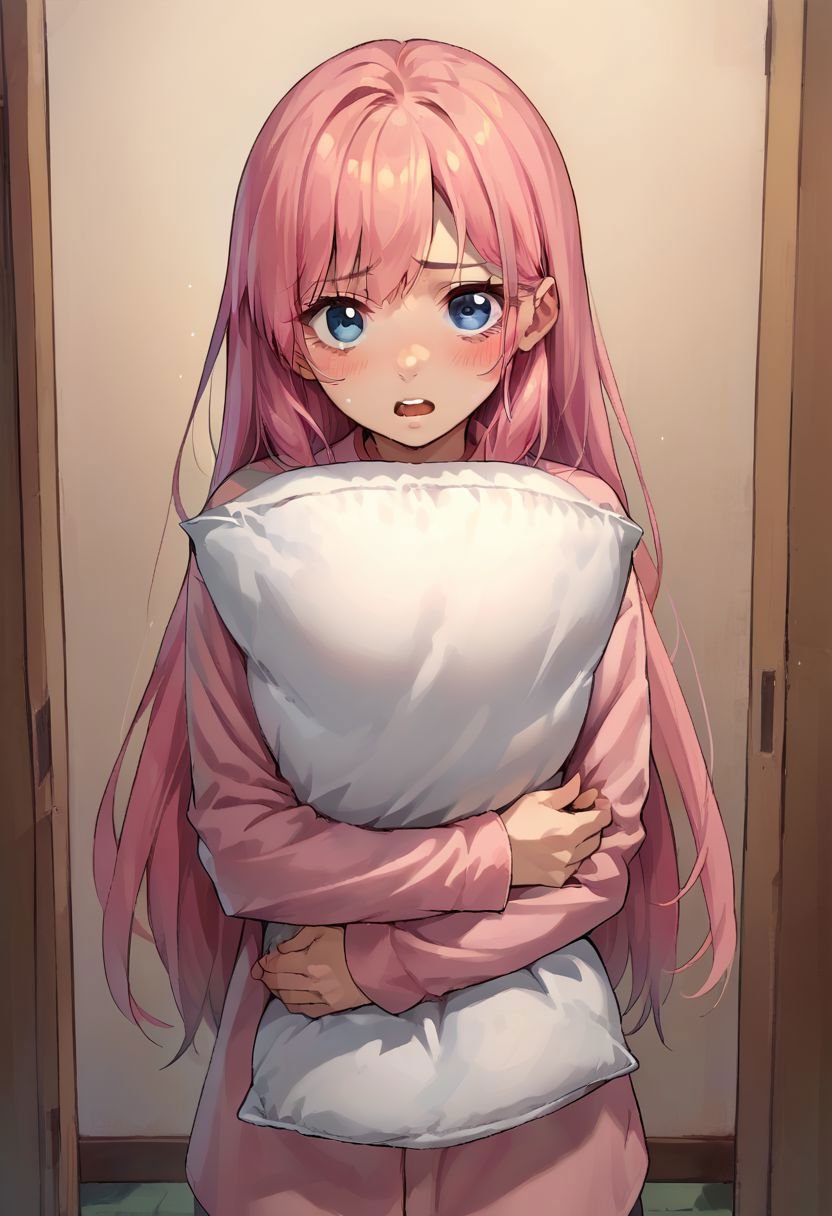 score_9, score_8_up, score_7_up, source_anime, scared to sleep alone, 1girl, solo, blush, pillow hug, looking at viewer, shirt, long hair, open mouth, blue eyes, pink hair