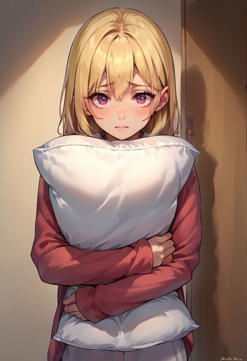 score_9, score_8_up, score_7_up, source_cartoon, scared to sleep alone, pillow hug