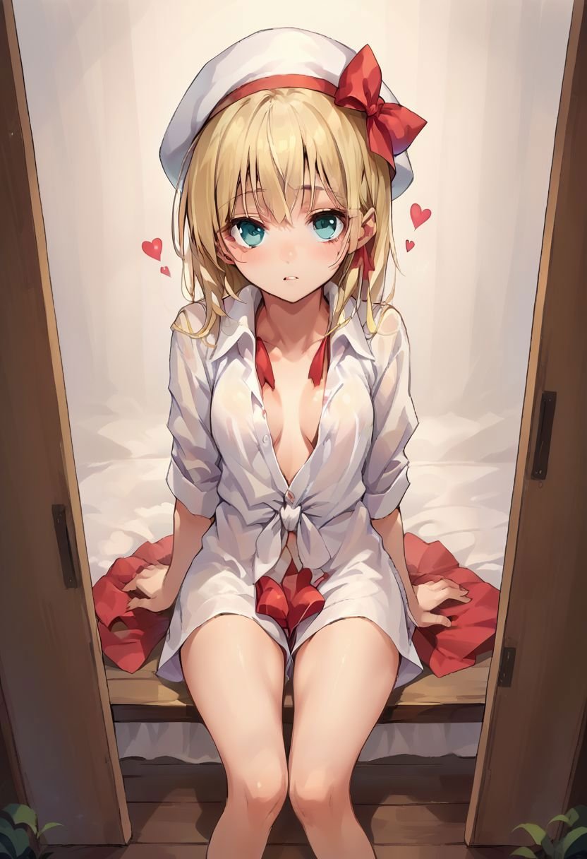 score_9, score_8_up, score_7_up, source_anime, scared to sleep alone, blonde hair, naked shirt, POV, ribbon, shorts, no pants, sitting, hat, heart, aqua eyes