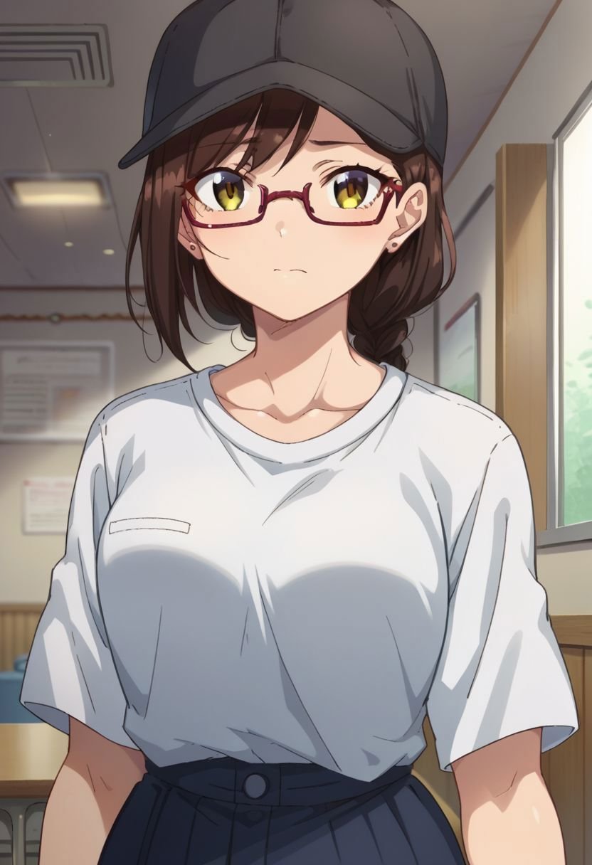 score_9, score_8_up, score_7_up, source_anime, takasakiminami, collarbone, indoors, upper body, closed mouth, short sleeves, baseball cap, skirt, stud earrings, braid, glasses