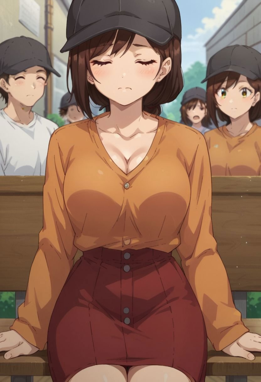 score_9, score_8_up, score_7_up, source_anime, takasakiminami, standing, black headwear, orange shirt, red skirt, closed eyes, solo focus, long sleeves, portrait, sitting, cleavage