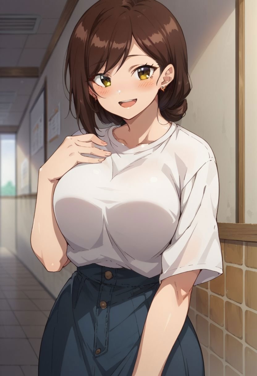 score_9, score_8_up, score_7_up, source_anime, takasakiminami, 1girl, solo, large breasts, looking at viewer, blush, shirt, open mouth, jewelry, earrings, smile