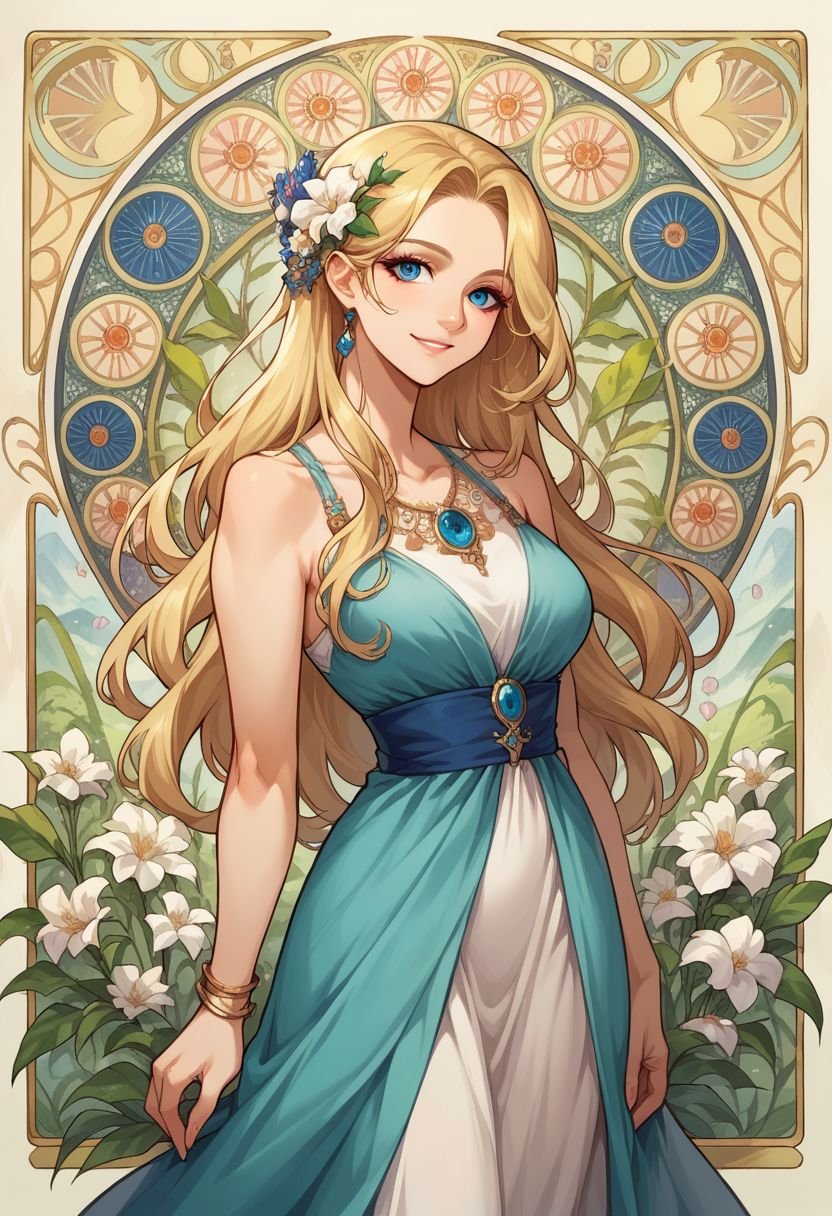 score_9, score_8_up, score_7_up,art nouveau, solo, 1girl, flower, dress, jewelry, looking at viewer, smile, long hair, blonde hair, blue eyes