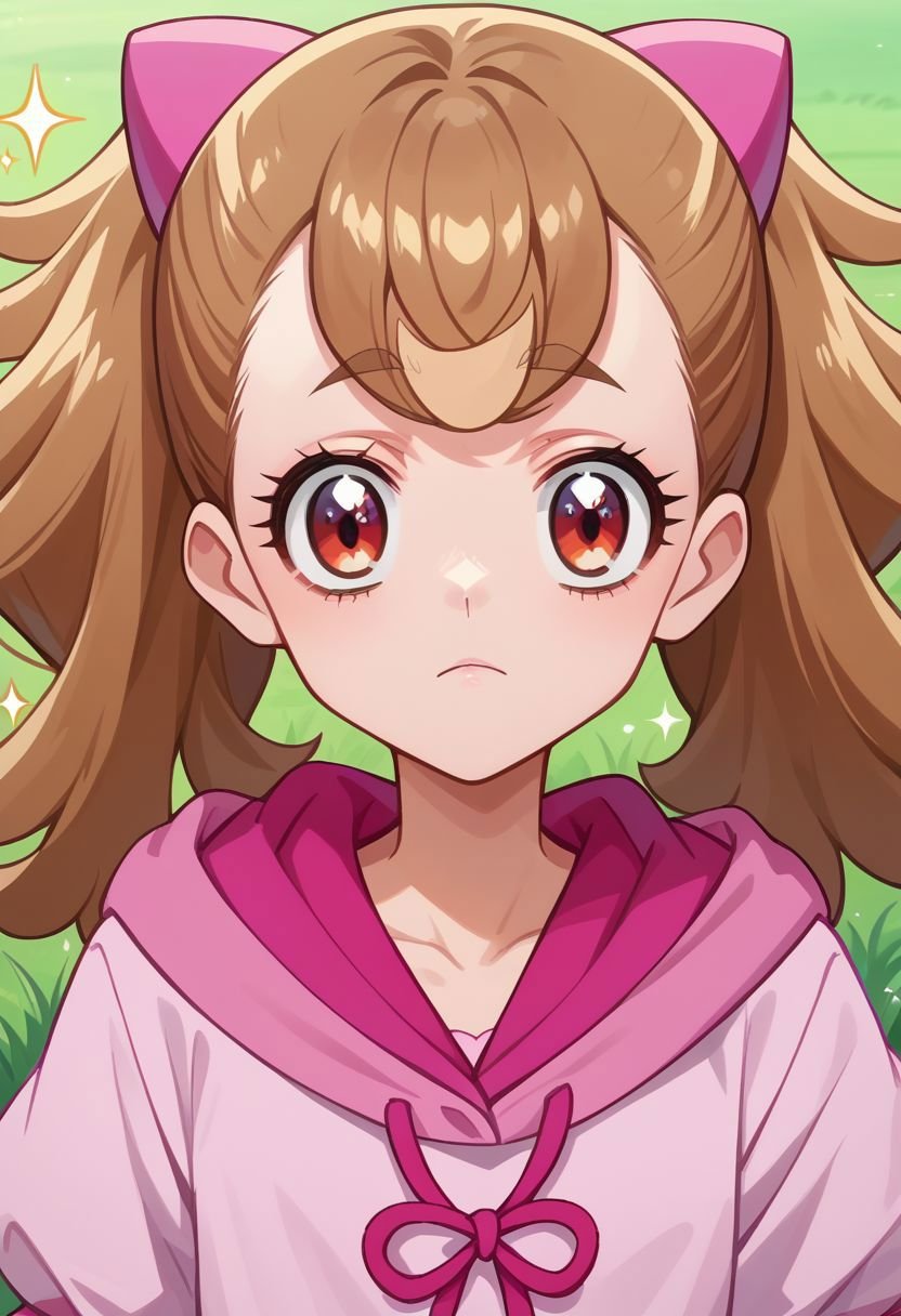 score_9_up, score_8_up, score_7_up, anime screenshot, inukaikomugi, eyelashes, henshin, standing, grass, pink hoodie, facing viewer, ^_^, close-up, twintails, sparkle