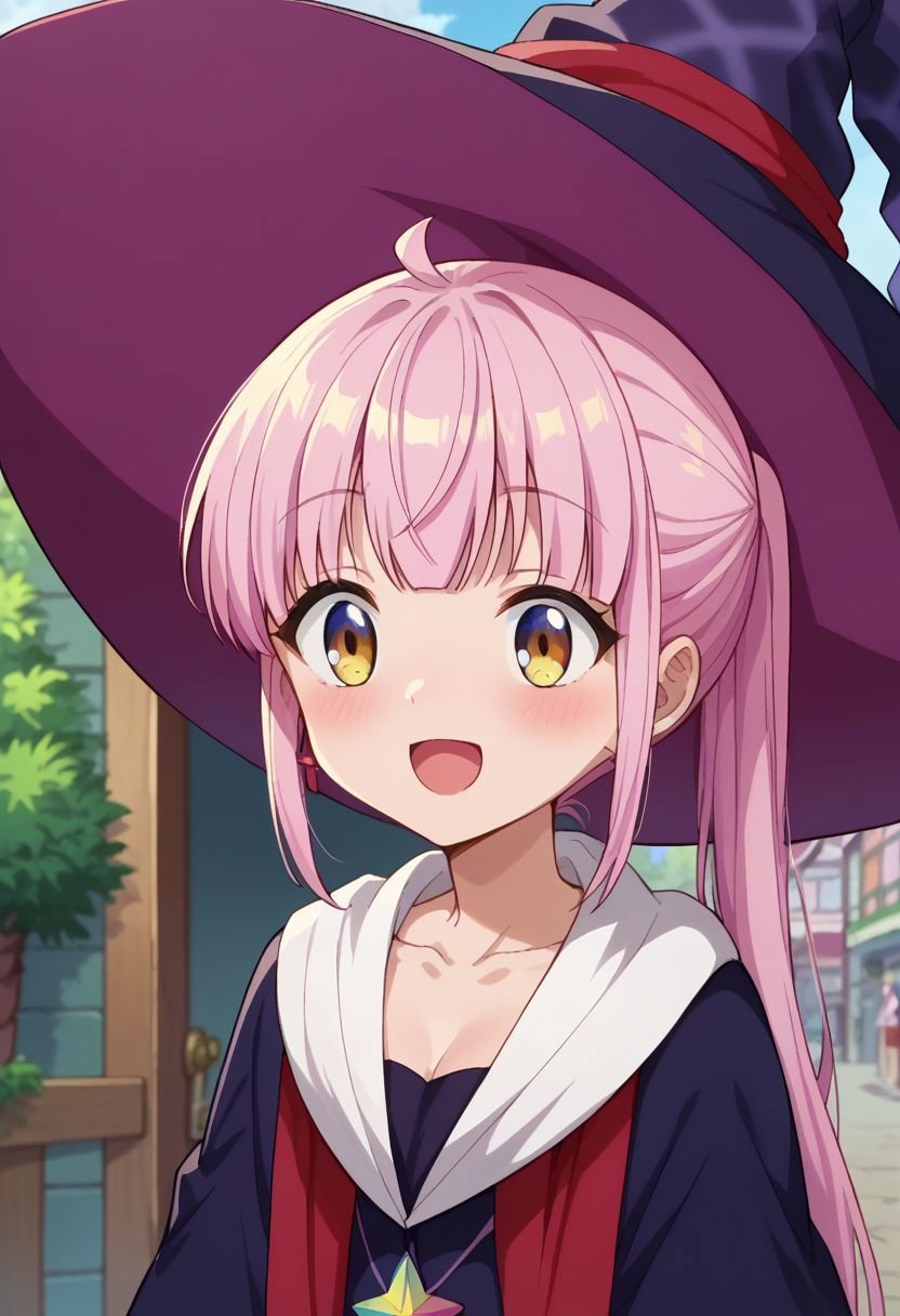 score_9_up, score_8_up, score_7_up, anime screenshot, kazairokotone, 1girl, solo, blush, ponytail, jewelry, open mouth, witch hat, collarbone, smile