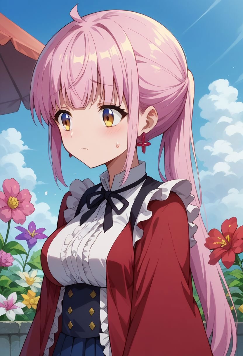 score_9_up, score_8_up, score_7_up, anime screenshot, kazairokotone, frills, sweatdrop, medium breasts, cloud, day, flower, collared shirt, cross earrings, wide sleeves