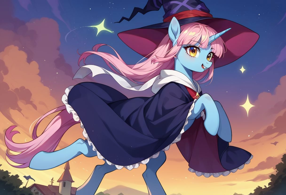 score_9, score_8_up, score_7_up, (source_pony, unicorn),kazairokotone, solo, dark blue body, witch hat, robe