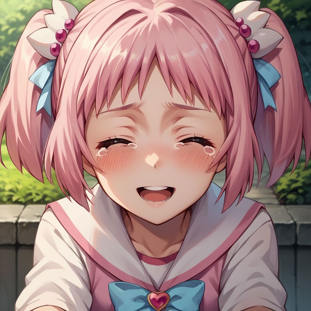 score_9, score_8_up, score_7_up, source_anime,kiramekimamika, short twintails, pov, looking at viewer, blush, smile, open mouth, upper teeth only, closed eyes, tears