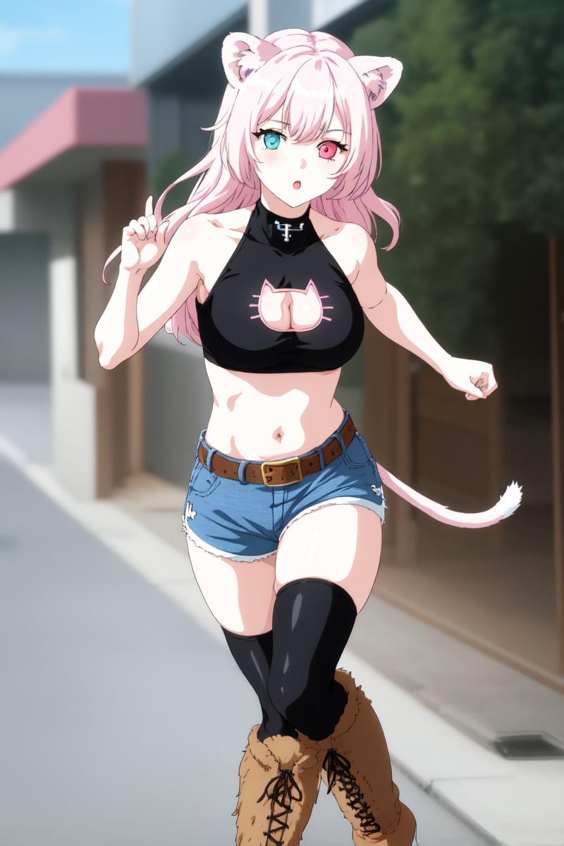 KitthyG, 1girl, solo, long hair, blue eyes, thighhighs, navel, animal ears, bare shoulders, standing, pink hair, large breasts,  black boots, shorts, sleeveless, midriff, belt, cat ears,Lion tail, black  crop top, short shorts, clothing cutout, heterochromia, halterneck, cleavage cutout, knee boots, denim, letterboxed, cross-laced footwear, blue shorts, denim shorts, pink thighhighs, full body to soles, feet size, running