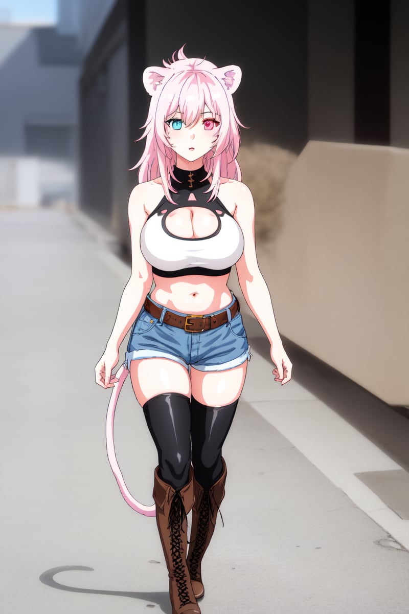 KitthyG, 1girl, solo, long hair, blue eyes, thighhighs, navel, animal ears, bare shoulders, standing, pink hair, large breasts,  black boots, shorts, sleeveless, midriff, belt, cat ears,Lion tail, black  crop top, short shorts, clothing cutout, heterochromia, halterneck, cleavage cutout, knee boots, denim, letterboxed, cross-laced footwear, blue shorts, denim shorts, pink thighhighs, full body to soles, feet size, walking