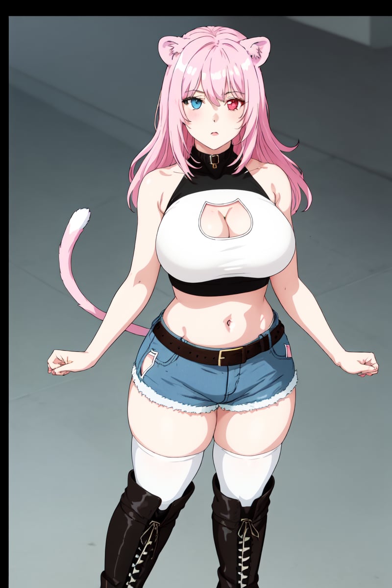 KitthyG, 1girl, solo, long hair, blue eyes, thighhighs, navel, animal ears, bare shoulders, standing, pink hair, large breasts,  black boots, shorts, sleeveless, midriff, belt, cat ears,Lion tail, black  crop top, short shorts, clothing cutout, heterochromia, halterneck, cleavage cutout, knee boots, denim, letterboxed, cross-laced footwear, blue shorts, denim shorts, pink thighhighs, full body to soles, feet size, boxing