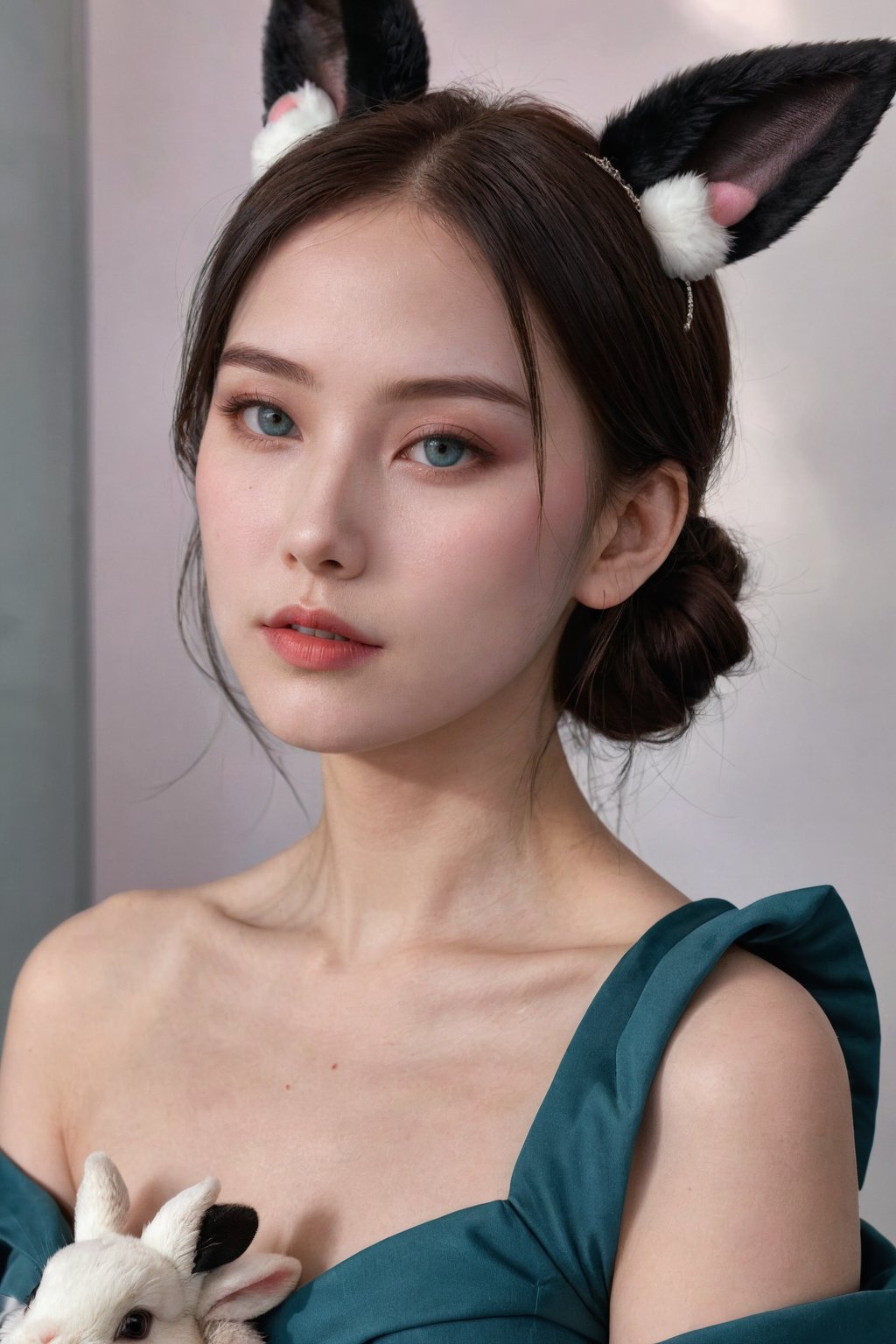 (ultra realistic,best quality),hubgwomen,masterpiece, 8k, hq, 1 girl,photorealistic,Extremely Realistic, in depth, cinematic light,hubggirl, red eyes, black hair, hair bun with accessories, traditional East Asian attire, rabbit ears headpiece, black and teal clothing, cloud pattern on garment, mystical, two black rabbits, one on shoulder and one in foreground, pale skin, blush on cheeks, serious expression, white background, portrait, upper body shot, artful composition, detailed line art, vibrant color contrast., ,HUBGGIRL