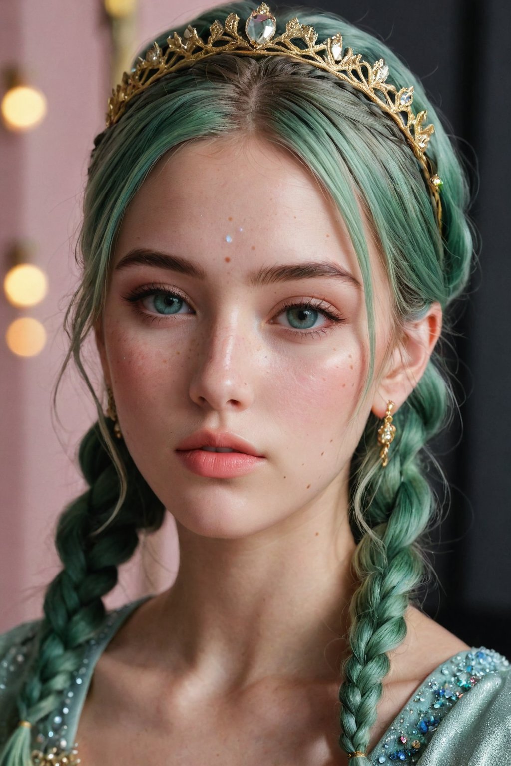 (ultra realistic,best quality),photorealistic,Extremely Realistic, in depth, cinematic light,hubggirl,

(masterpiece, best quality), High detailed, picture perfect face, blush, freckles, beautiful face, supermodel, colorful, (light green hair,multicolored hair), long hair,braids, side bun, golden tiara,perfectly textured skin,blue eyes,iridescent eyes, (perfect female body), (thic lips, broad lips), alluring, charming, beautiful, cute, tomboy, lipgloss, makeup,gold and gem earrings,Black top,thin fabric,