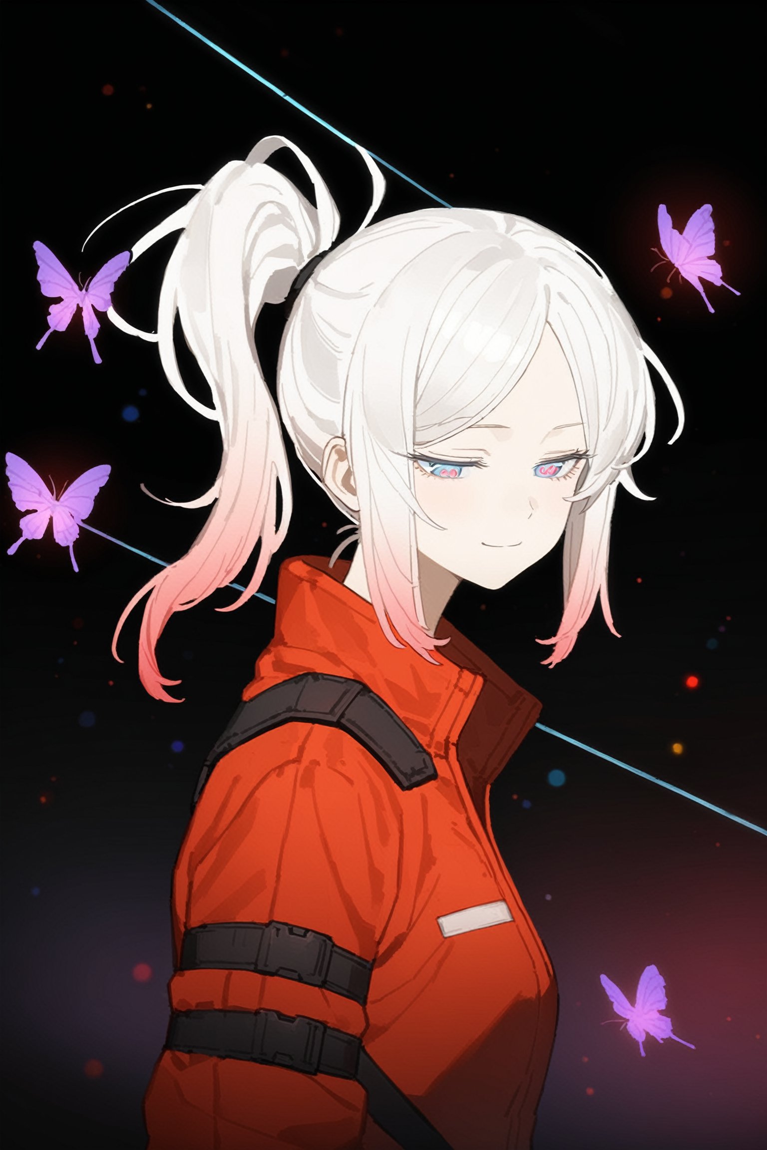 masterpiece, best quality,  1girl, Limbus Company, Faust, white hair, solo,  blue eyes, ponytail, mid ponytail, flying hair, half closed eyes,  symbol-shaped pupils, tricky, bangs, sunglasses, glowing eyes, sharp, wallpaper, 4k, head tilted down, clear,  purple butterflies, thread, from side, portrait, shine, granular, depth of field,  8k, higher contrast,  scenery, gradient background, gradient hair, from purple to red, saturated, warm colors, light smile,  spider web print, jacket,  shiny, glare, glitter, bokeh, dark background, blurry,1girl,cyberpunk edgerunners style,JKF,LimbusCompany_Faust