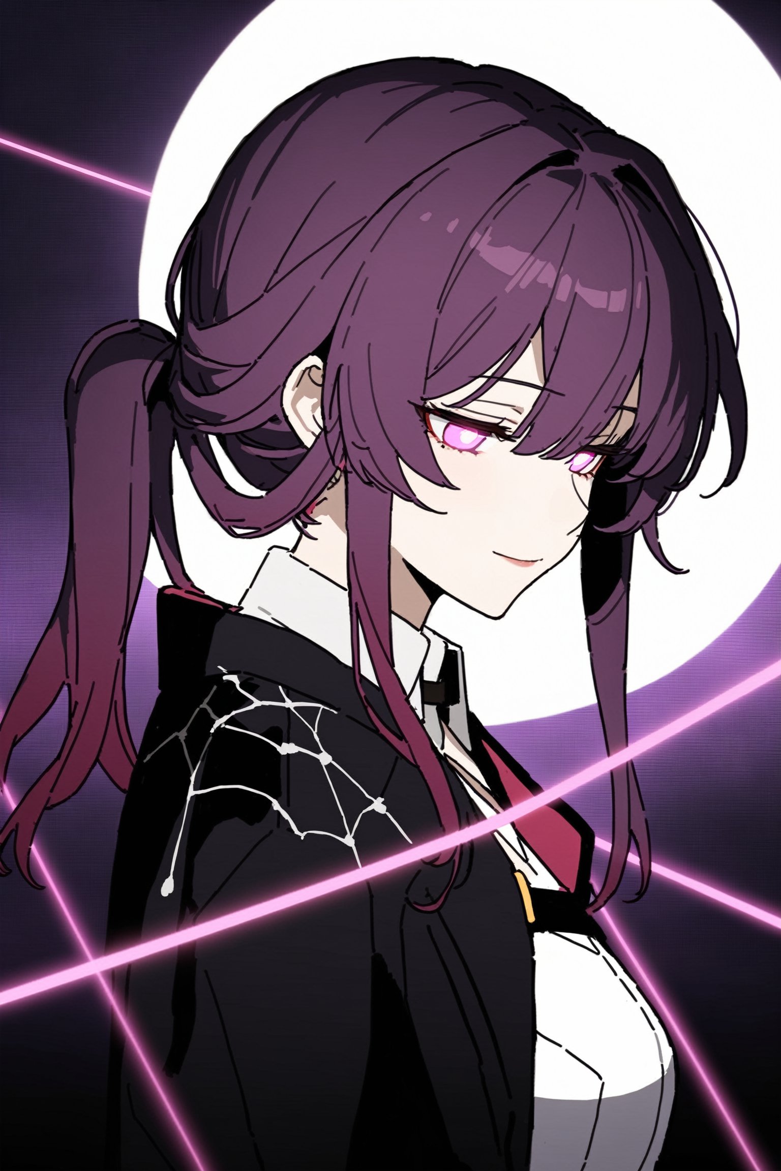 masterpiece, best quality,  1girl, kafka, honkai: star rail, purple hair, solo,  purple eyes, ponytail, mid ponytail, flying hair, half closed eyes,  symbol-shaped pupils, tricky, bangs, sunglasses, glowing eyes, sharp, wallpaper, 4k, head tilted down, clear,  purple butterflies, thread, from side, portrait, shine, granular, depth of field,  8k, higher contrast,  scenery, gradient background, gradient hair, from purple to red, saturated, warm colors, light smile,  spider web print, jacket,  shiny, glare, glitter, bokeh, dark background, blurry,1girl,cyberpunk edgerunners style,JKF