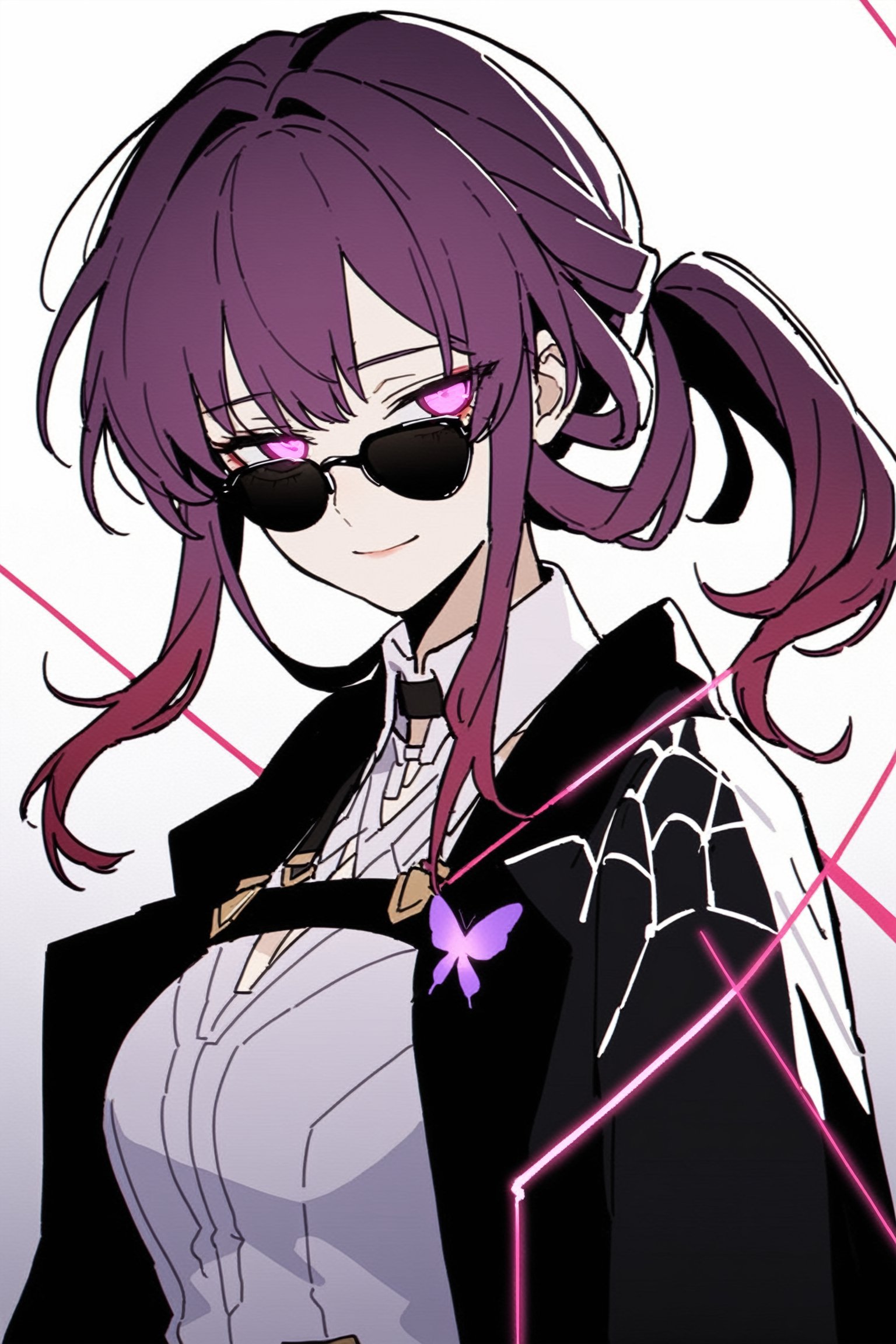 masterpiece, best quality,  1girl, kafka, honkai: star rail, purple hair, solo,  purple eyes, ponytail, mid ponytail, flying hair, half closed eyes,  symbol-shaped pupils, tricky, bangs, sunglasses, glowing eyes, sharp, wallpaper, 4k, head tilted down, clear,  purple butterflies, thread, from side, portrait, shine, granular, depth of field,  8k, higher contrast,  scenery, gradient background, gradient hair, from purple to red, saturated, warm colors, light smile,  spider web print, jacket,  shiny, glare, glitter, bokeh, dark background, blurry,1girl,cyberpunk edgerunners style,JKF