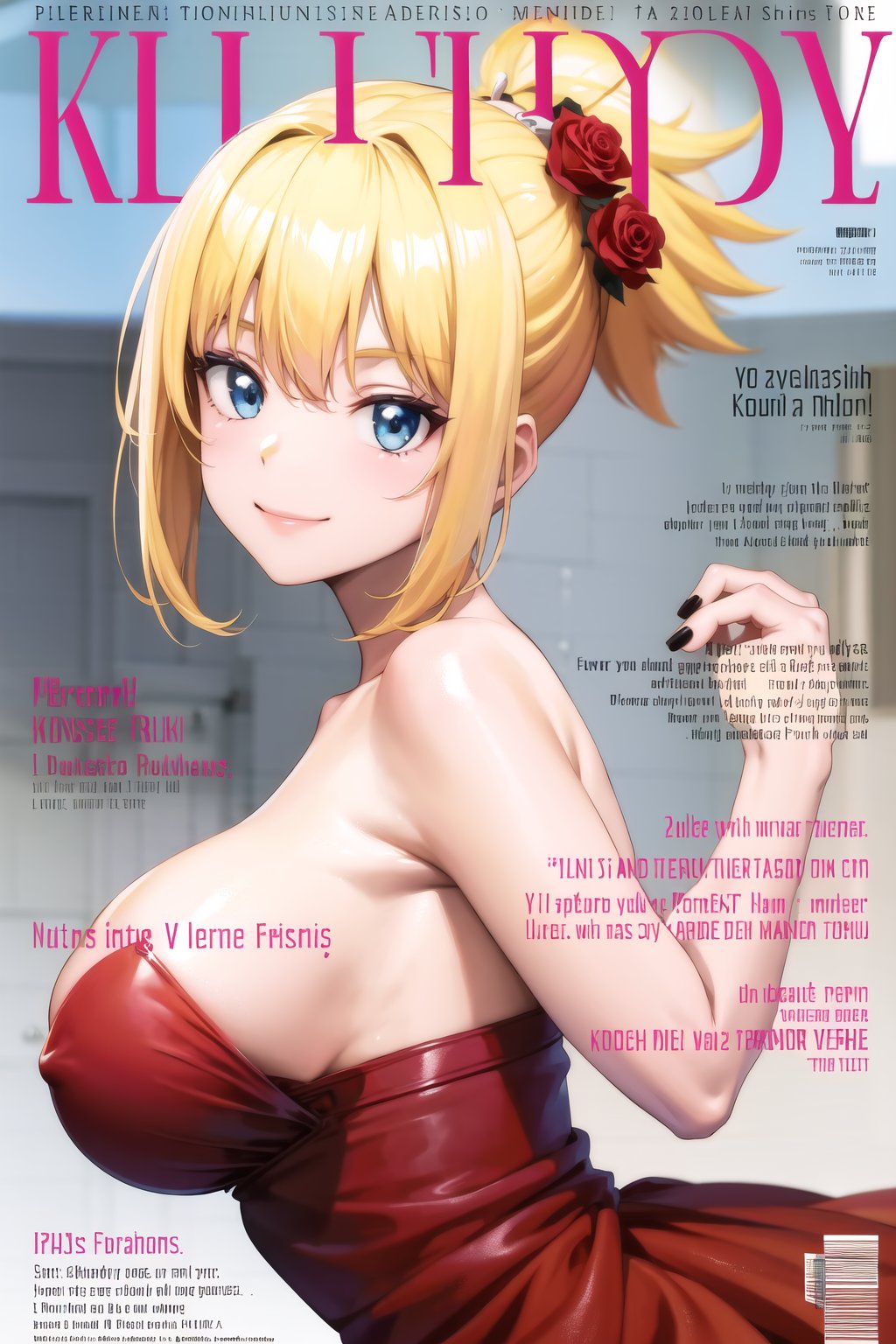 masterpiece, best quality, highres,kohaku, blonde hair, blue eyes, hair ornament, ponytail, magazine cover, 1girl, looking at viewer, smile,  large breasts, hair ornament, dress, bare shoulders, flower, hair flower, nail polish, blurry, character name, from side, english text, wrist cuffs, strapless, sideboob, blurry background, rose, red dress, red flower, black nails, strapless dress, skull