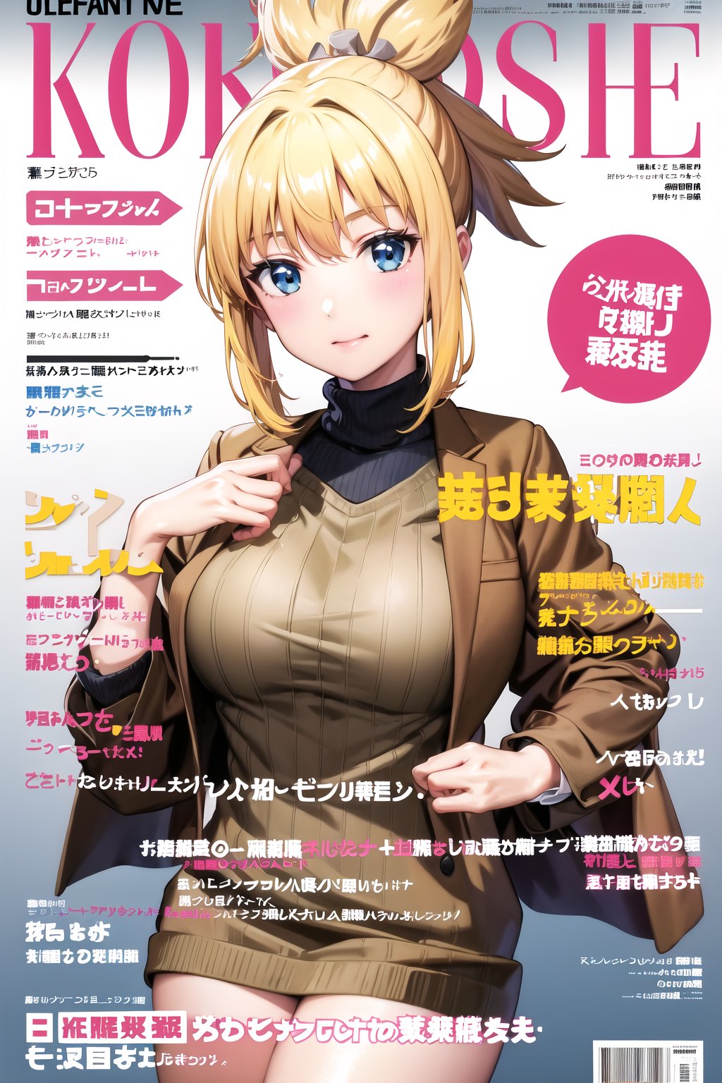 masterpiece, best quality, highres,kohaku, blonde hair, blue eyes, hair ornament, ponytail, magazine cover, 1girl,large breasts, long sleeves, holding, sweater, coat, ribbed sweater, turtleneck sweater,  black sweater,  brown coat,