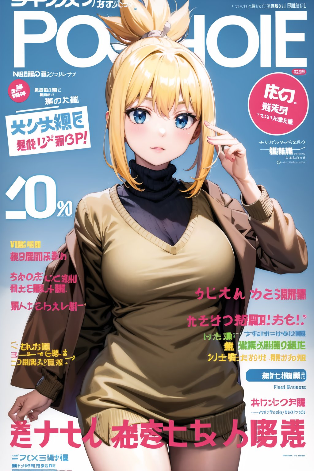 masterpiece, best quality, highres,kohaku, blonde hair, blue eyes, hair ornament, ponytail, magazine cover, 1girl,large breasts, long sleeves, holding, sweater, coat, ribbed sweater, turtleneck sweater,  black sweater,  brown coat,