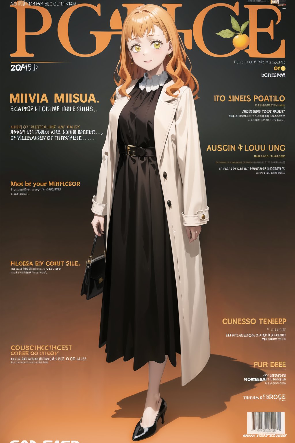 masterpiece, best quality, highres, (mimosa vermillion, orange hair), magazine cover, 1girl, looking at viewer, smile, long sleeves, dress, standing, full body, open clothes, bag, black footwear, white dress, character name, high heels, english text, coat, open coat, handbag, brown coat, barcode,