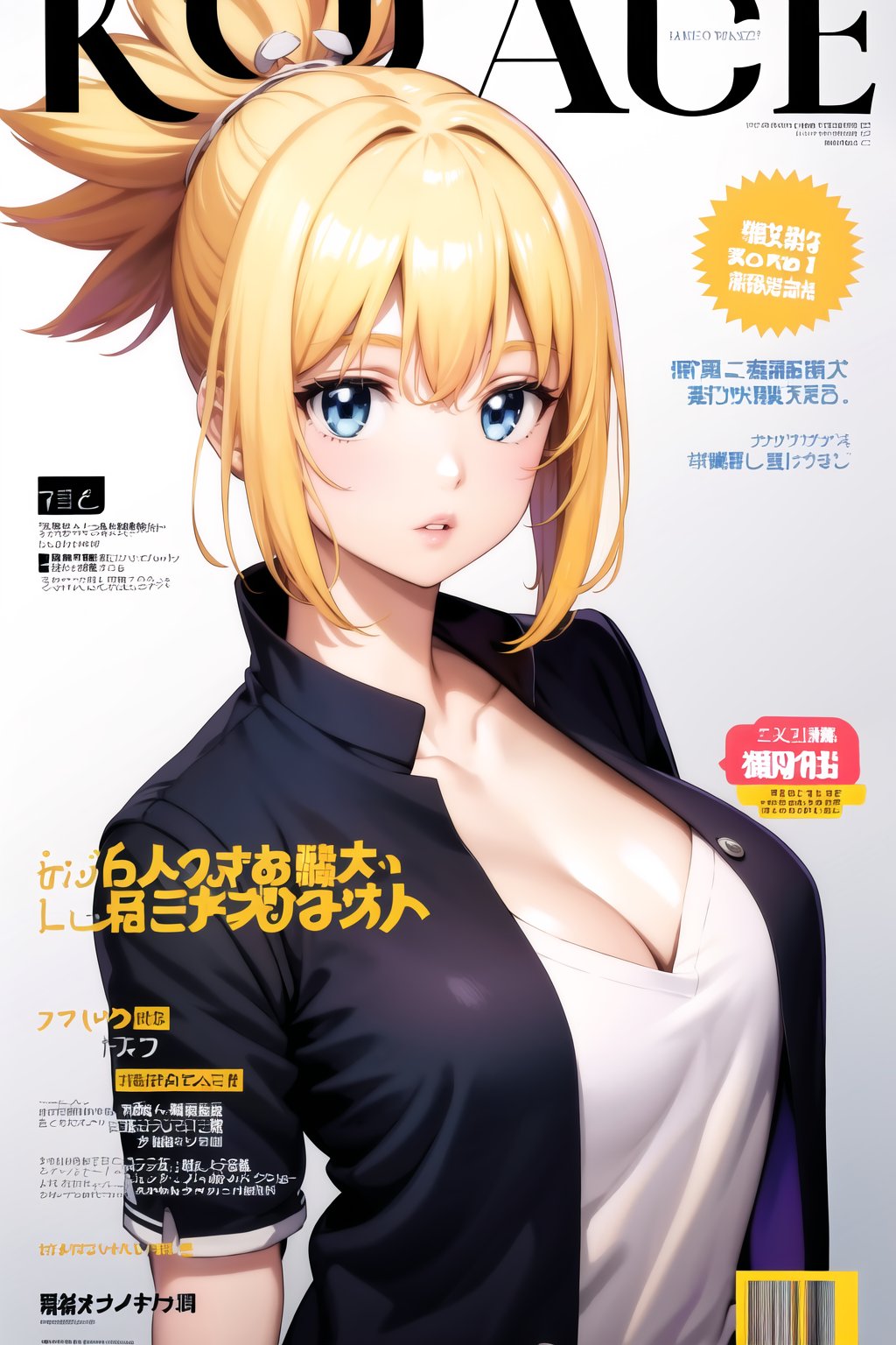 masterpiece, best quality, highres,kohaku, blonde hair, blue eyes, hair ornament, ponytail, magazine cover, 1girl, large breasts, simple background, shirt, cleavage, collarbone, jacket, white shirt, upper body, parted lips,  open clothes, grey background, character name, open jacket, black jacket, copyright name, formal