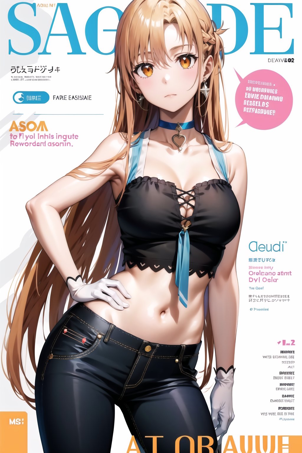 masterpiece, best quality, highres, (aaasuna), orange hair, red hair, long hair, brown eyes, magazine cover, 1girl, large breasts, shirt, gloves, white background, navel, holding, cleavage, bare shoulders, jewelry, closed mouth, collarbone, earrings, sleeveless, choker, midriff, pants, white gloves, bag, character name, english text, crop top, hand on hip, bare arms, sleeveless shirt, black pants, blue shirt, casual, contemporary, handbag, blue choker,