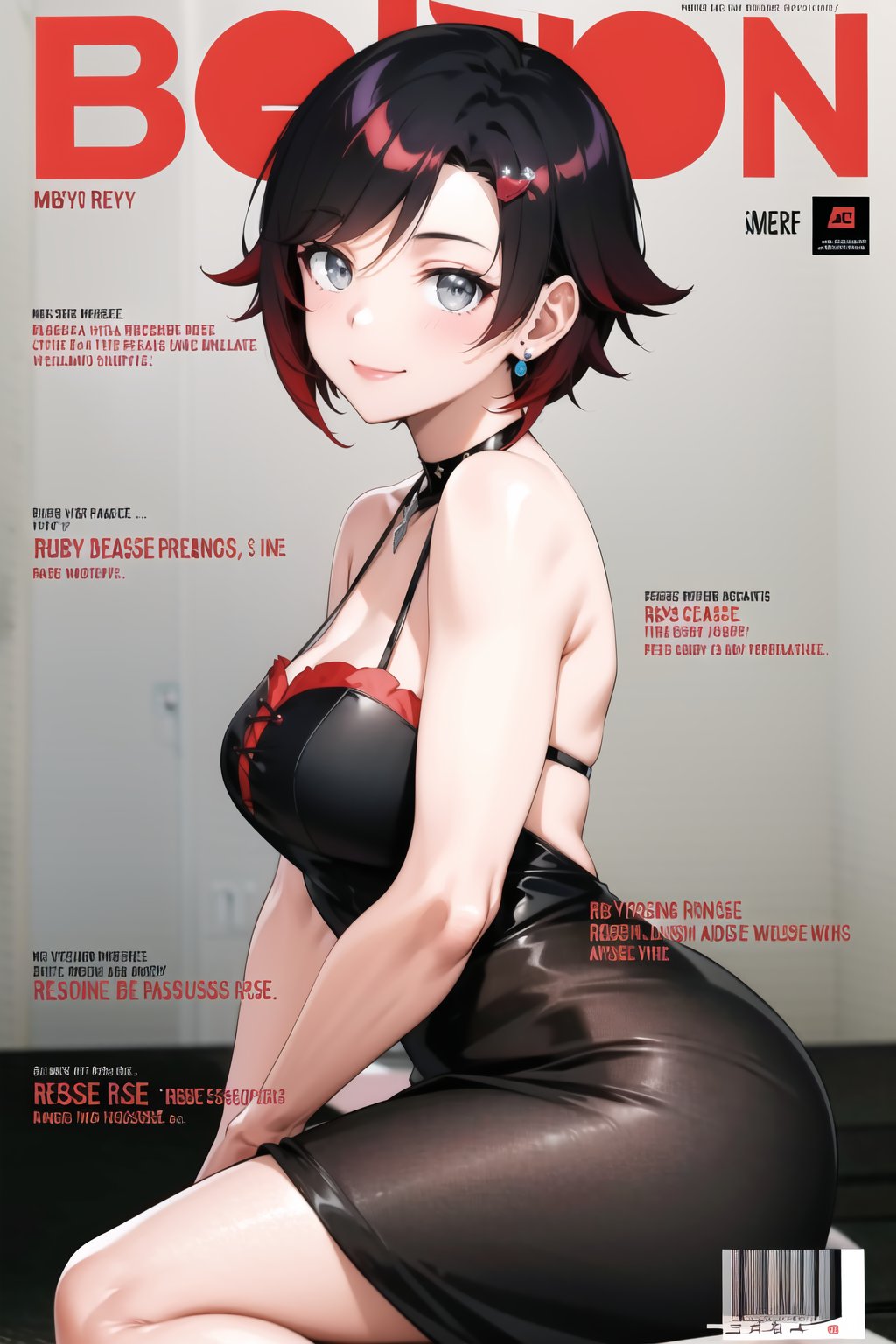 masterpiece, best quality, highres, ((ruby rose)),magazine cover, 1girl, looking at viewer, smile, large breasts, hair ornament, dress, jewelry, sitting, character name, black dress, english text, hair behind ear, barcode